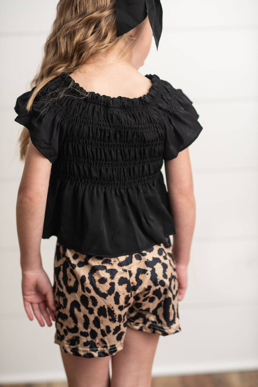 Girls Black Shirred Top & Leopard Print Bow Spring Short Set