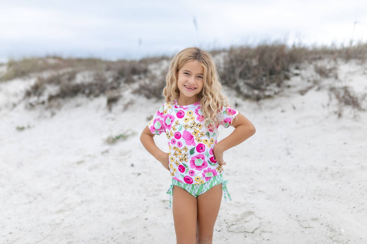 Kids Green, Mustard & Pink Floral Rash Guard Swimsuit