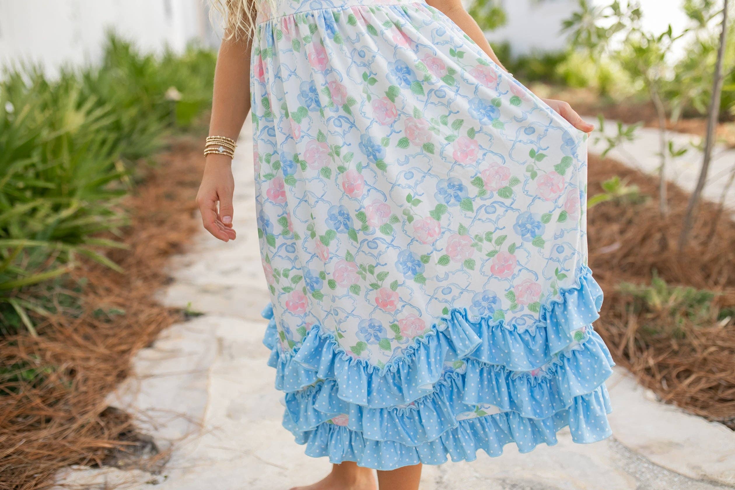 Girls Olivia 3 Ruffle Pastel Blue Floral Spring Summer Dress