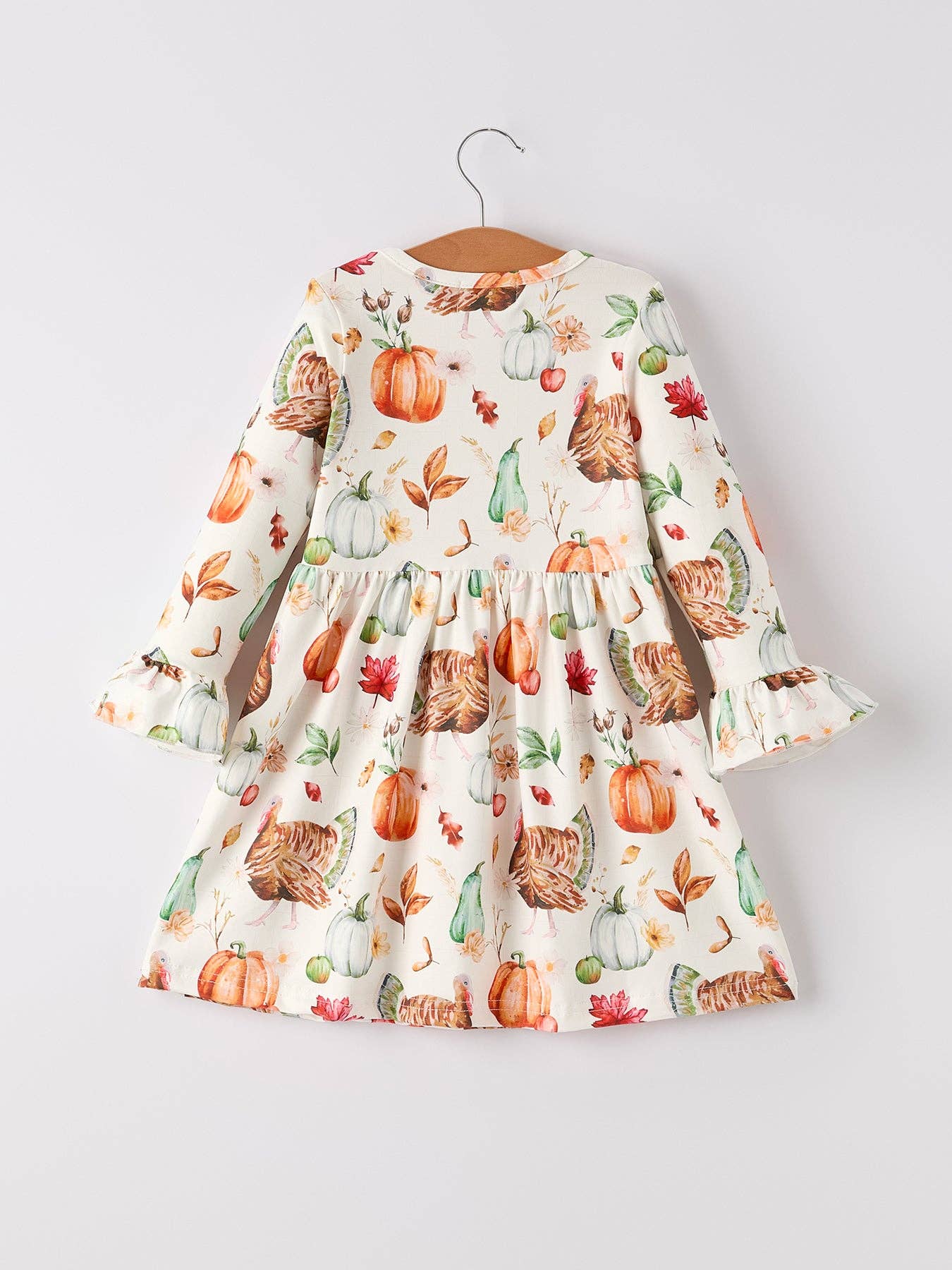 Thanksgiving Day Vintage Fall Pumpkin and Turkey Print Long Sleeve Dress