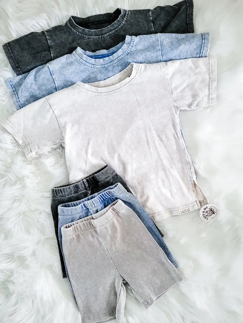 Spring 2 PC Set - Tan Acid Wash Shirt Rib Biker Shorts