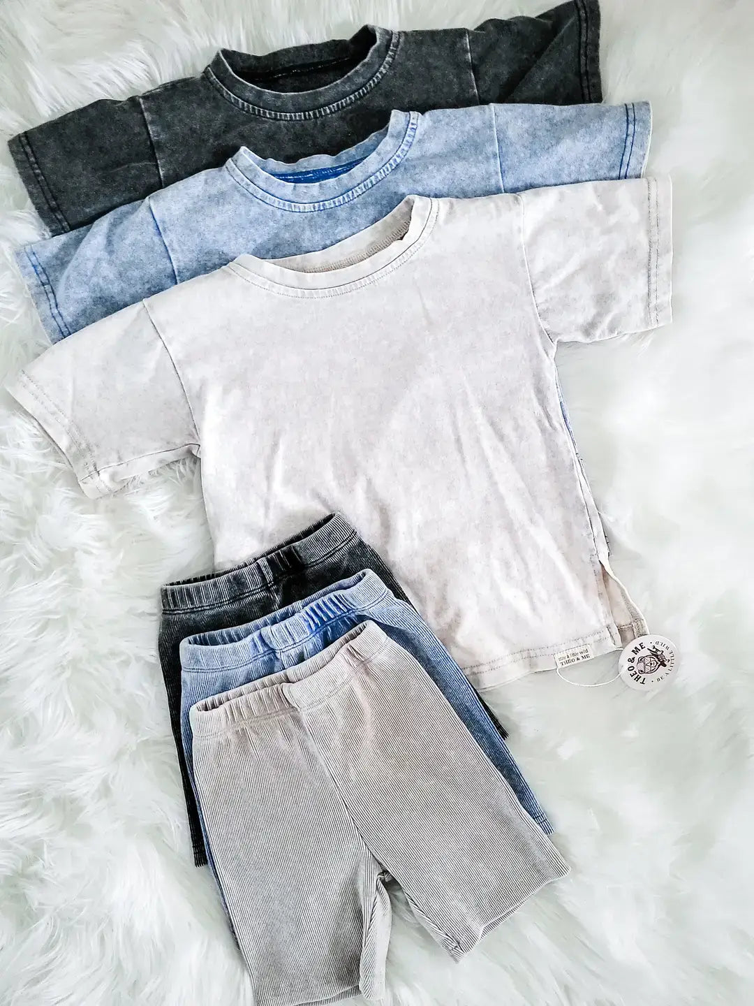 Spring 2 PC Set - Tan Acid Wash Shirt Rib Biker Shorts