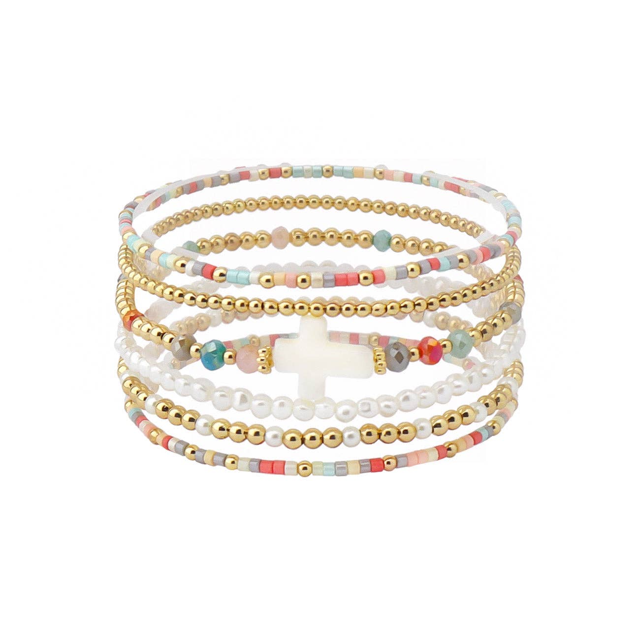 Set of 5 Gold Beaded with Multi Seed Bead and White Cross Stretch Bracelets
