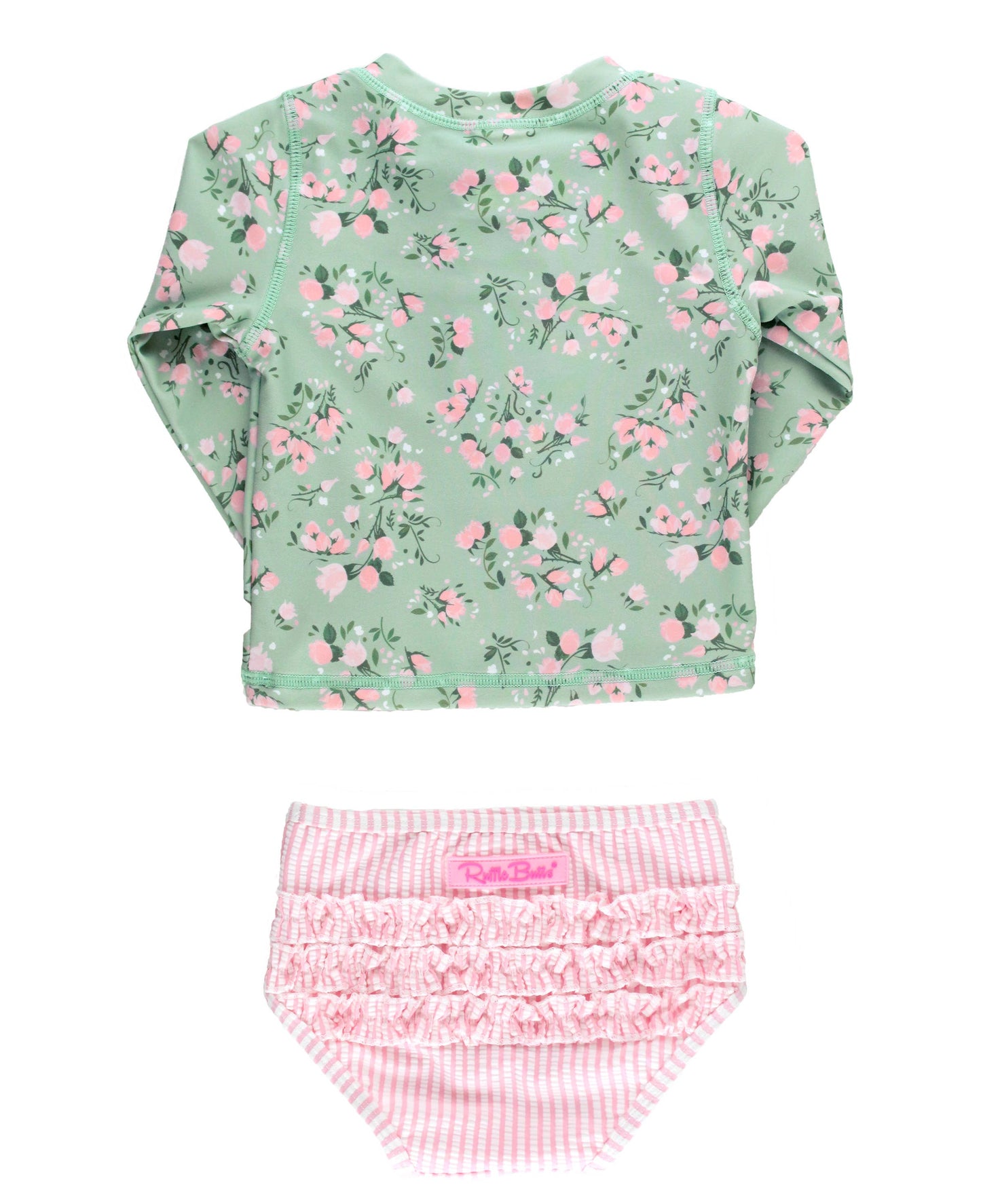 Girls Tea Roses Long Sleeve Zipper Rash Guard 2-Piece Swimsuit with Signature Rear Ruffles
