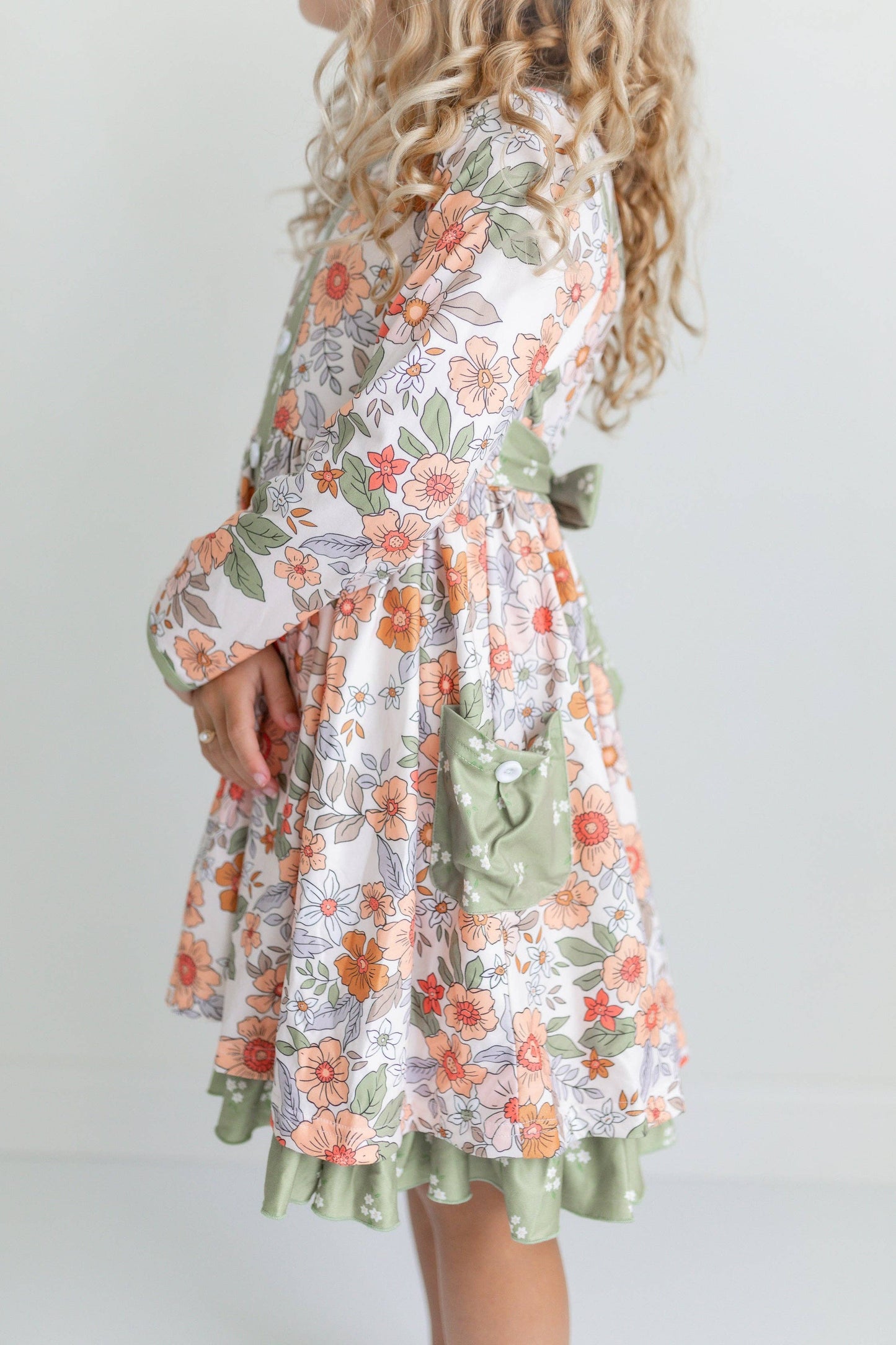 Kids Sage & Rust Fall Floral Button Dress With Pockets