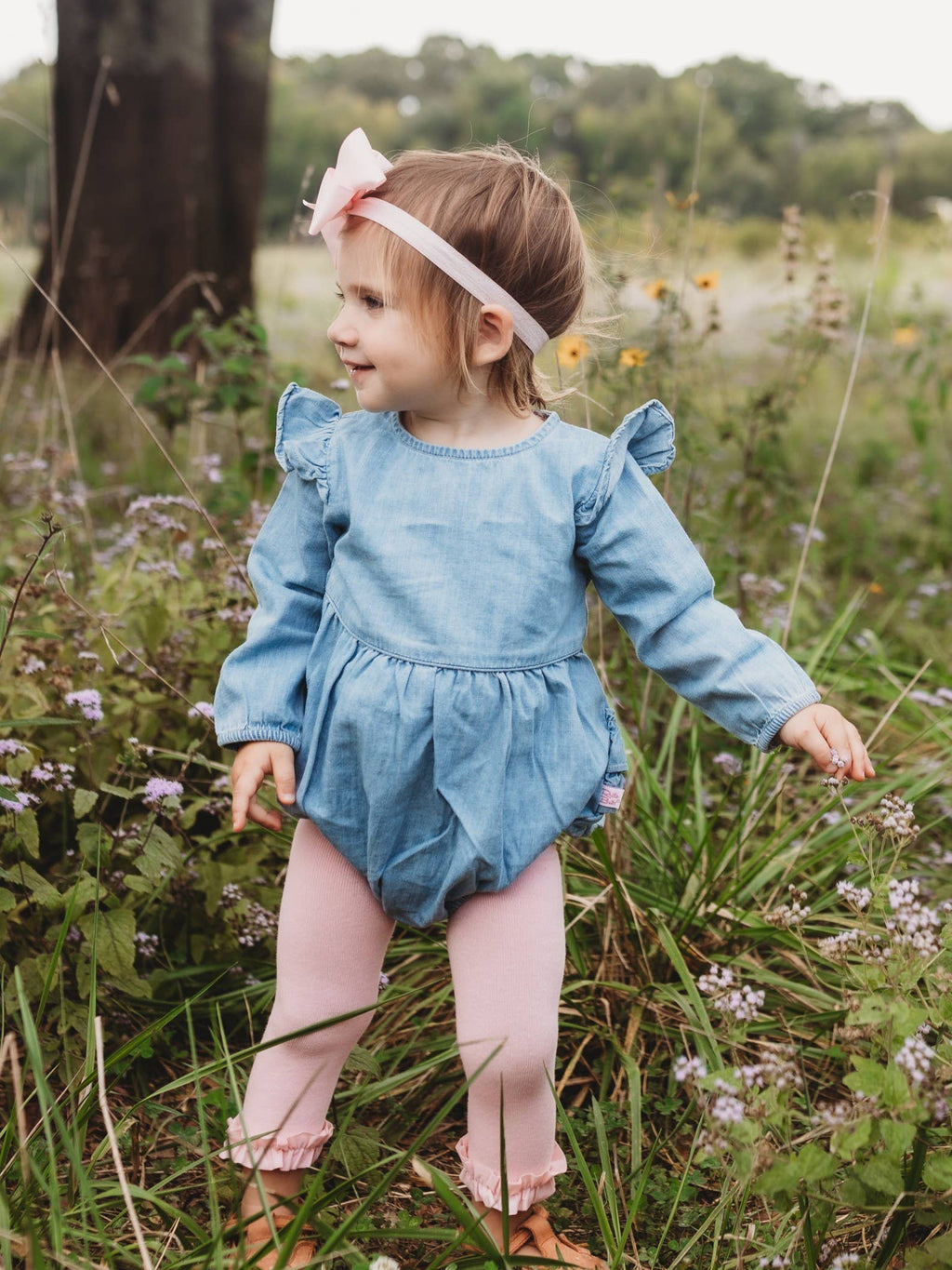 Baby Girls Light Wash Long Sleeve Flutter Bubble Romper