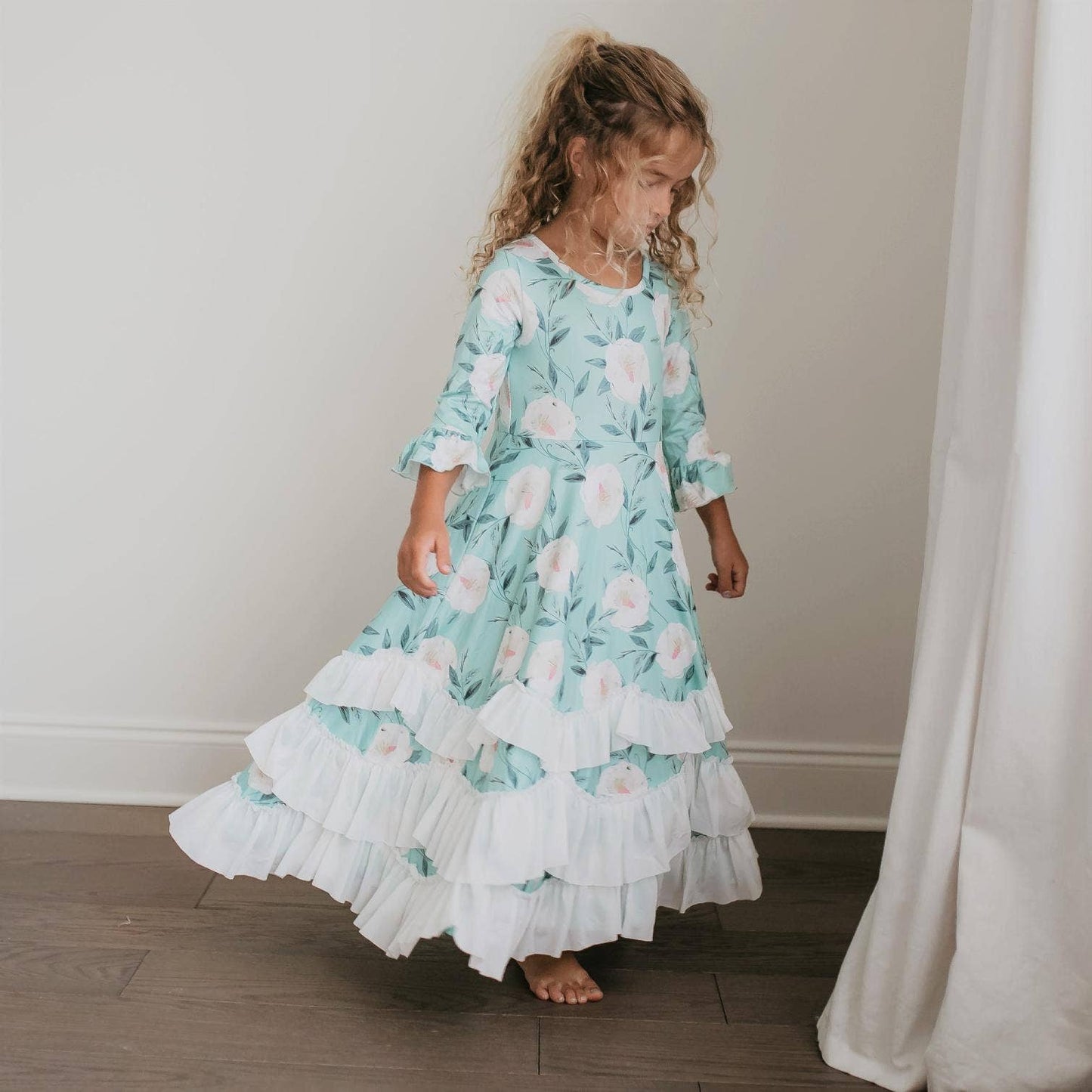 Kids Winter Mint Floral Long Sleeve Fall Ruffles Dress