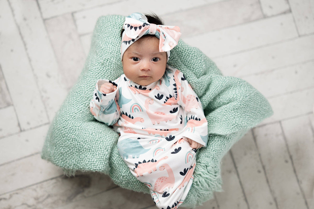 Infant Girls Pastel Dino Baby Gown and Bow Headband Set