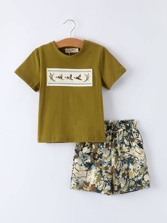 Duck Embroidery Boys Set Green Tee and Camo Shorts