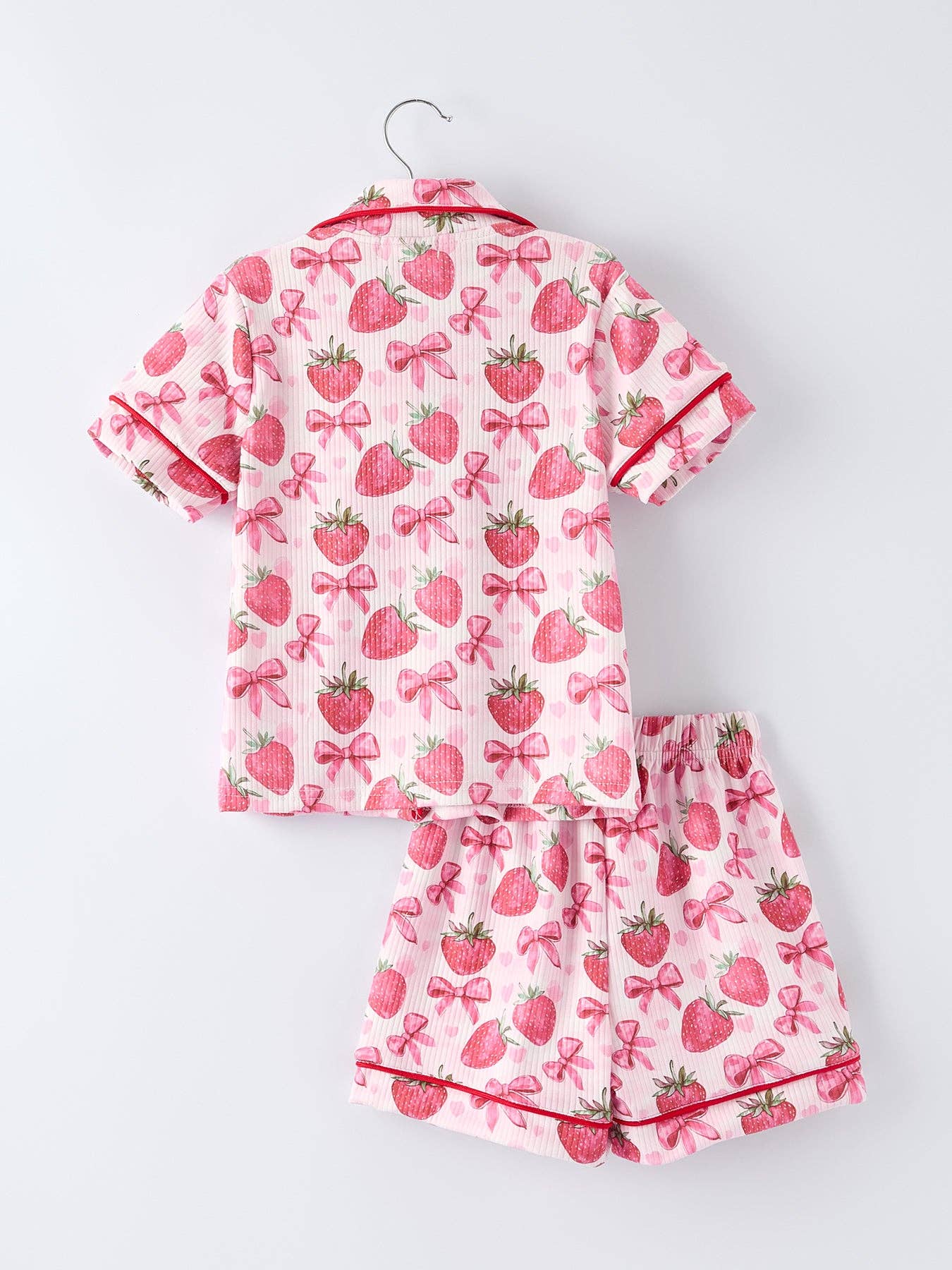 Spring Strawberry Bow Short Sleeve Shorts Pajama Set