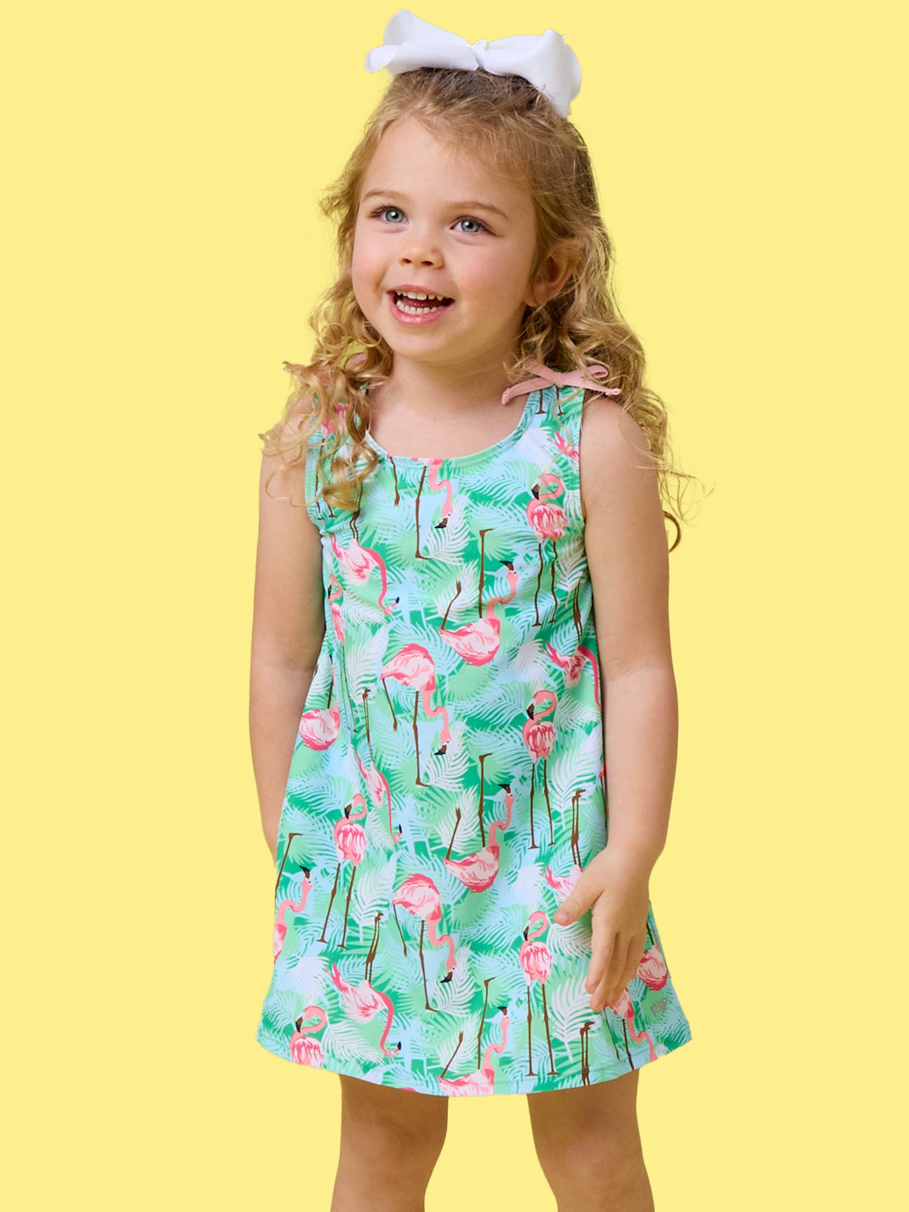 Girls Green Vibrant Flamingo Active A-Line Bow Dress & Bike Short Set