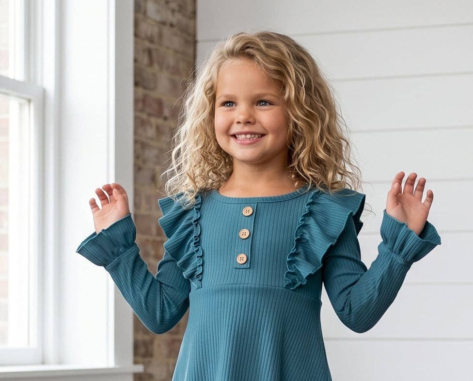 Kids Dark Teal Blue Ribbed Long Sleeve Button Ruffle Shirt
