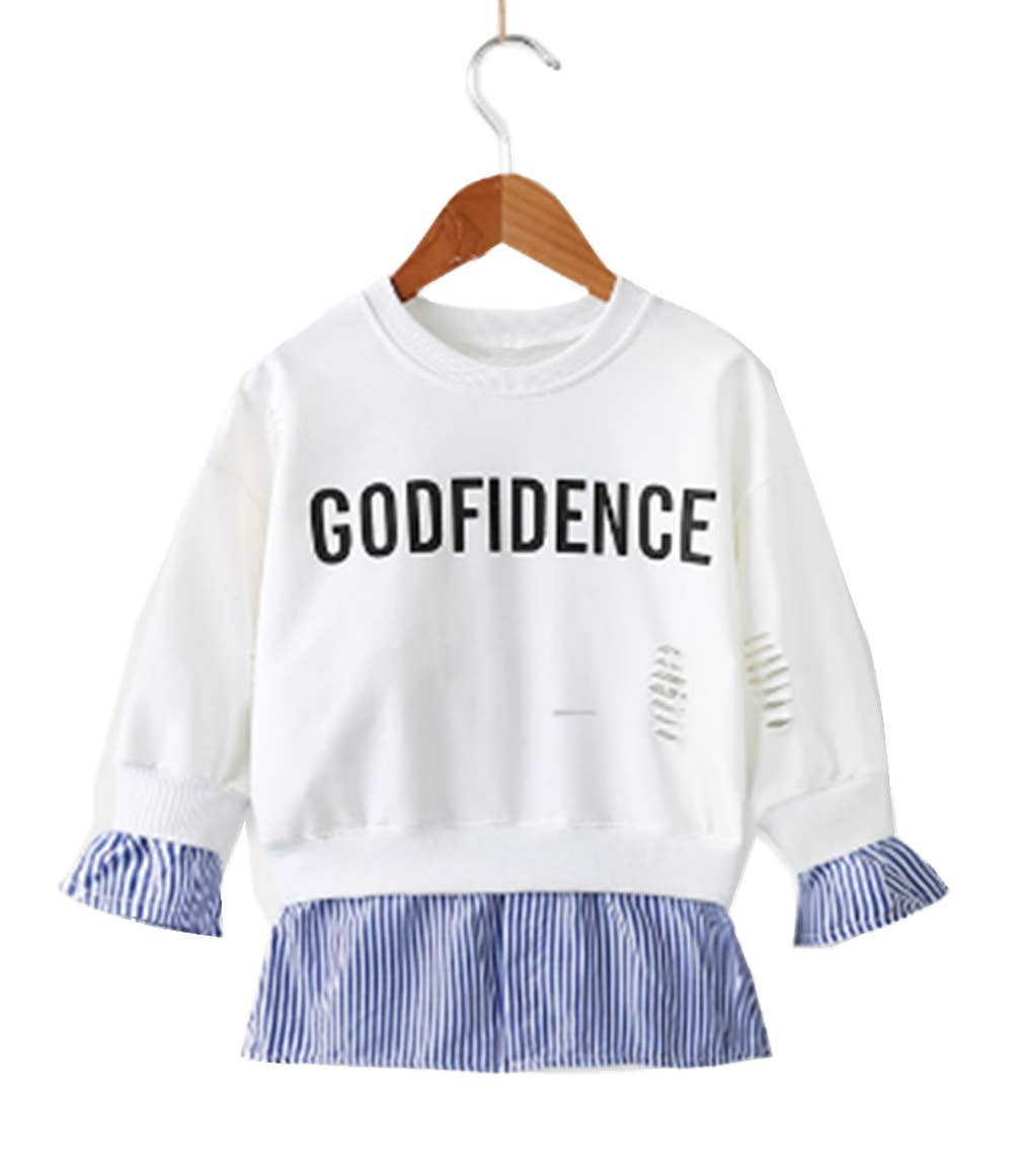 White-Blue Godfidence Ruffle Girl Sweatshirt