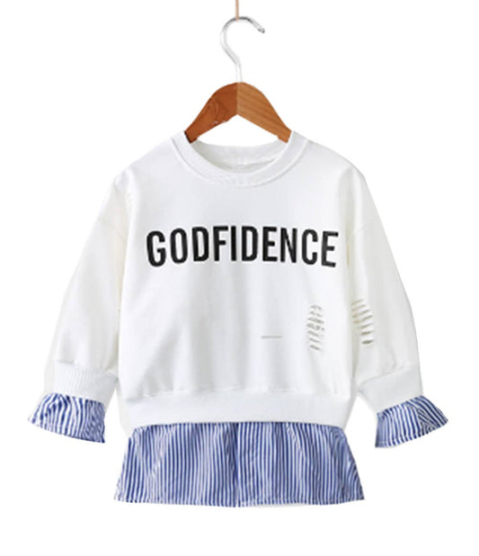 White-Blue Godfidence Ruffle Girl Sweatshirt