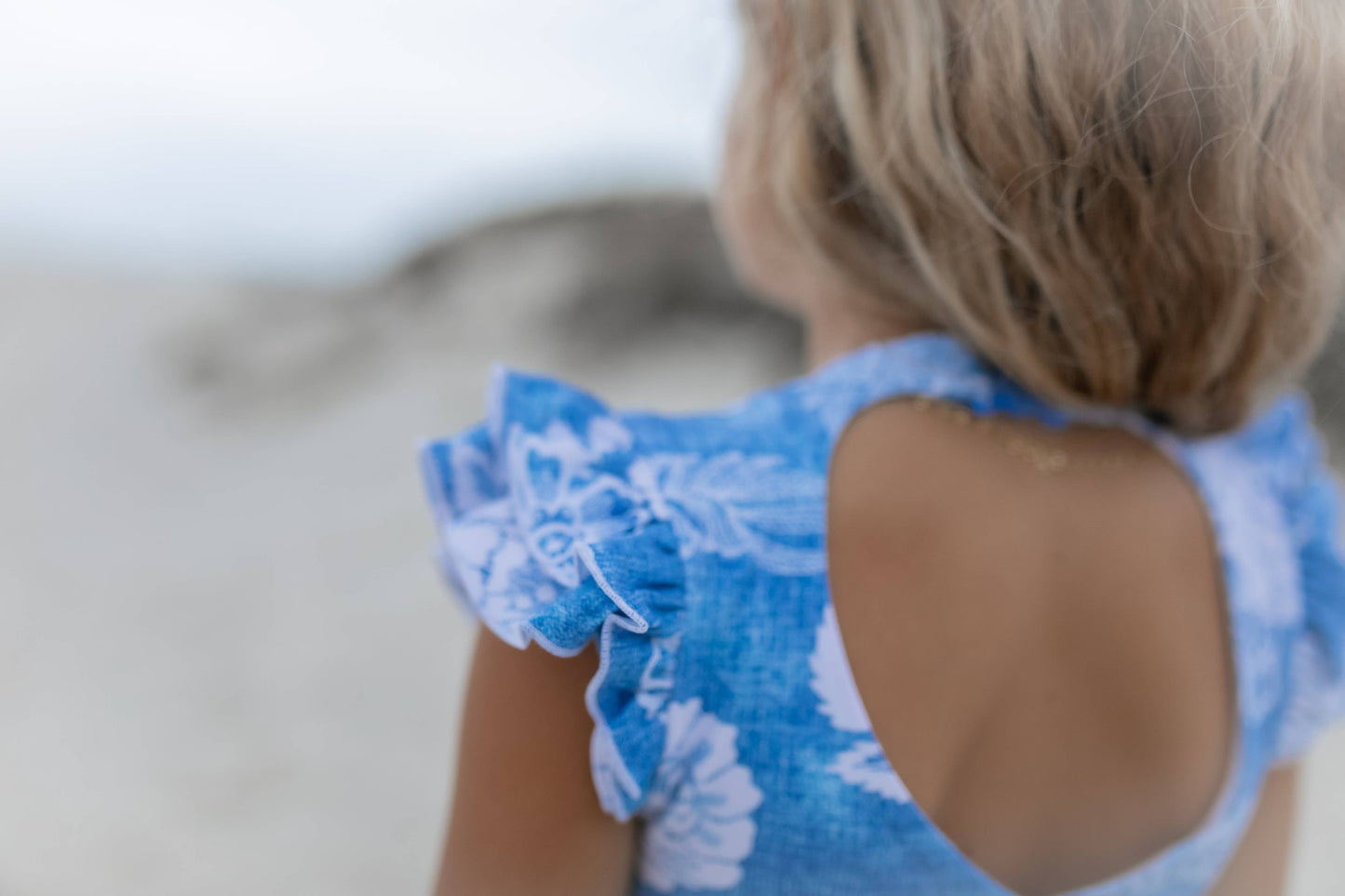 Kids Blue Floral Open Back One Piece Ruffle Swimsuit