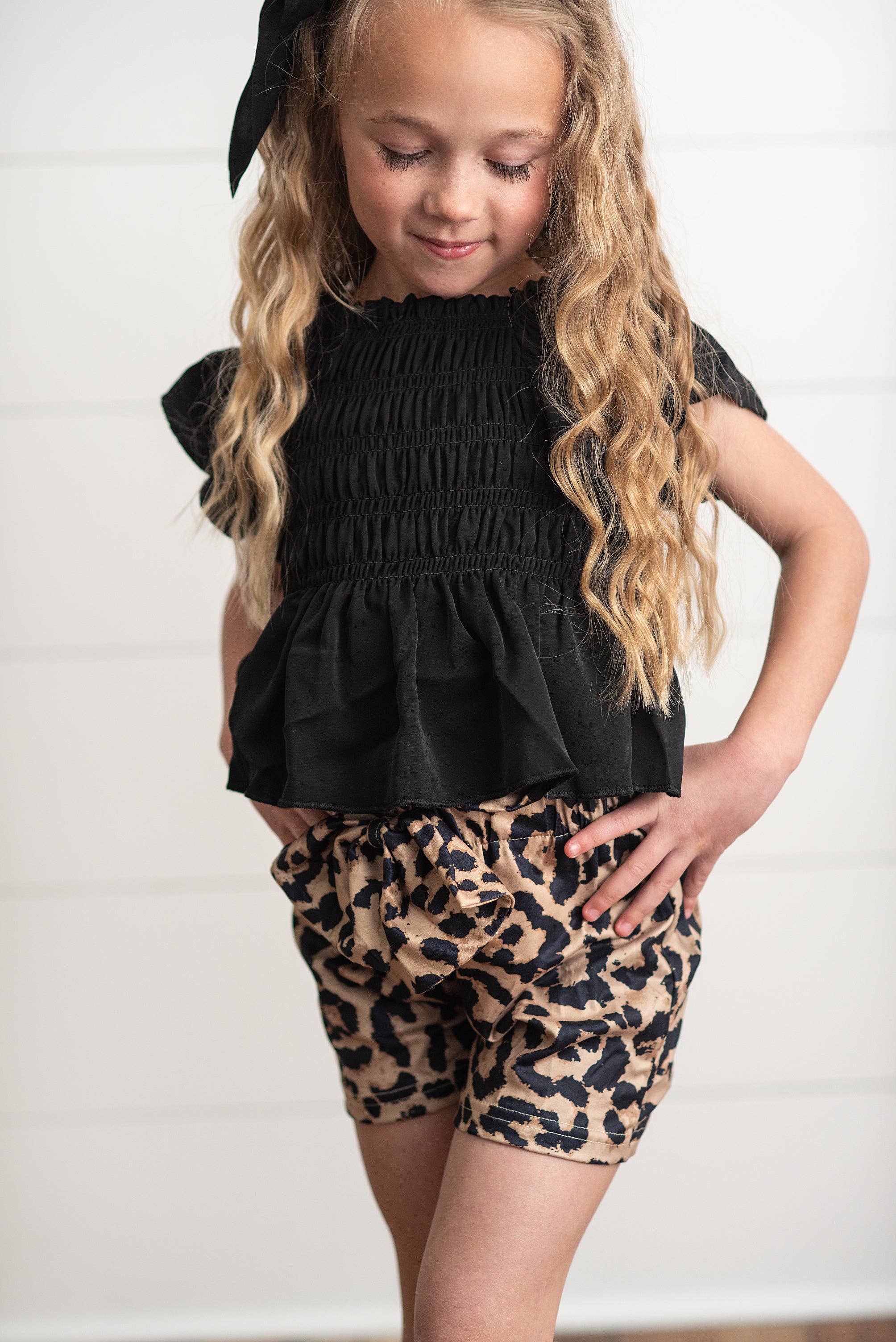 Girls Black Shirred Top & Leopard Print Bow Spring Short Set