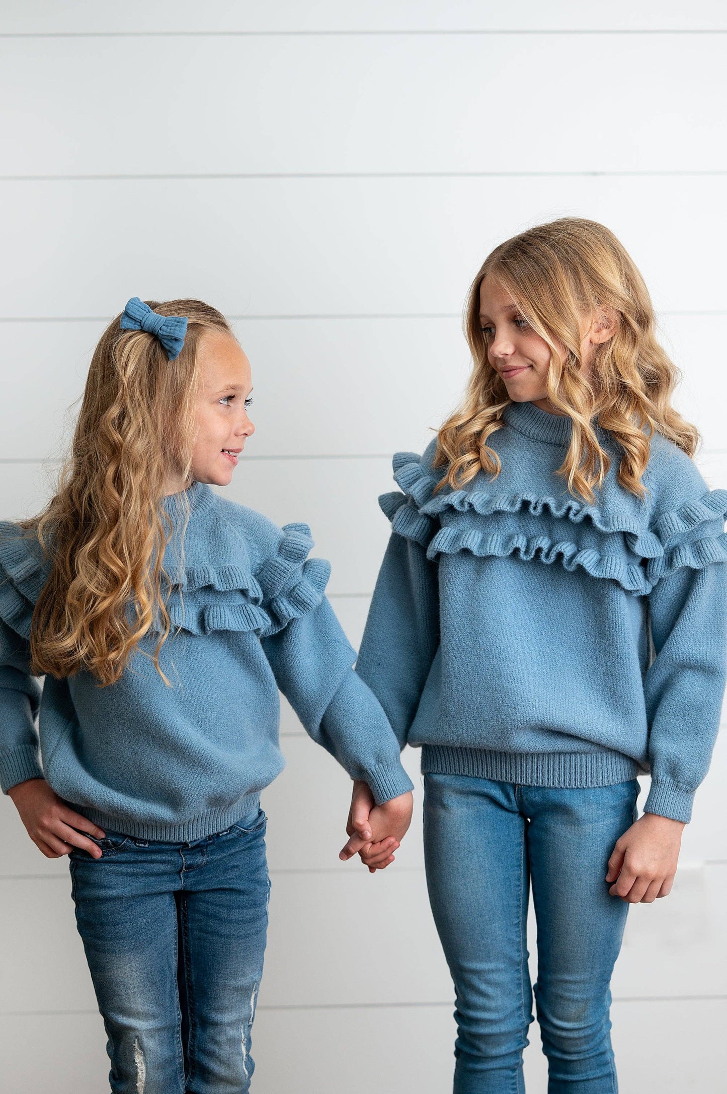 Kids Dusty Blue Double Ruffle Crew Neck Fall Winter Sweater