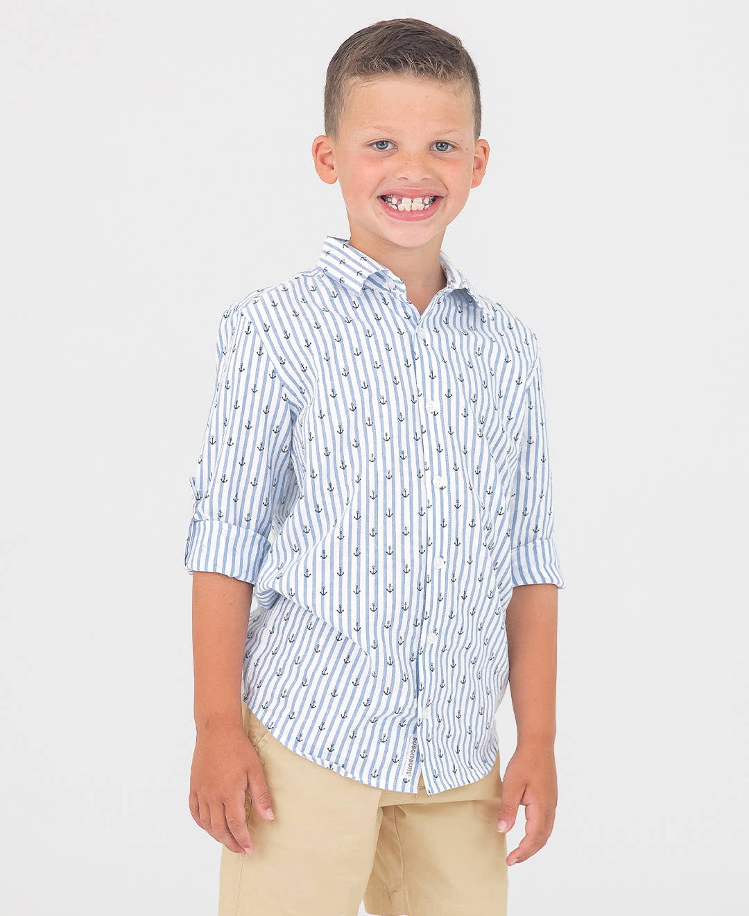 Boys Anchors Ahoy Stripe Long Sleeve Button Down Shirt