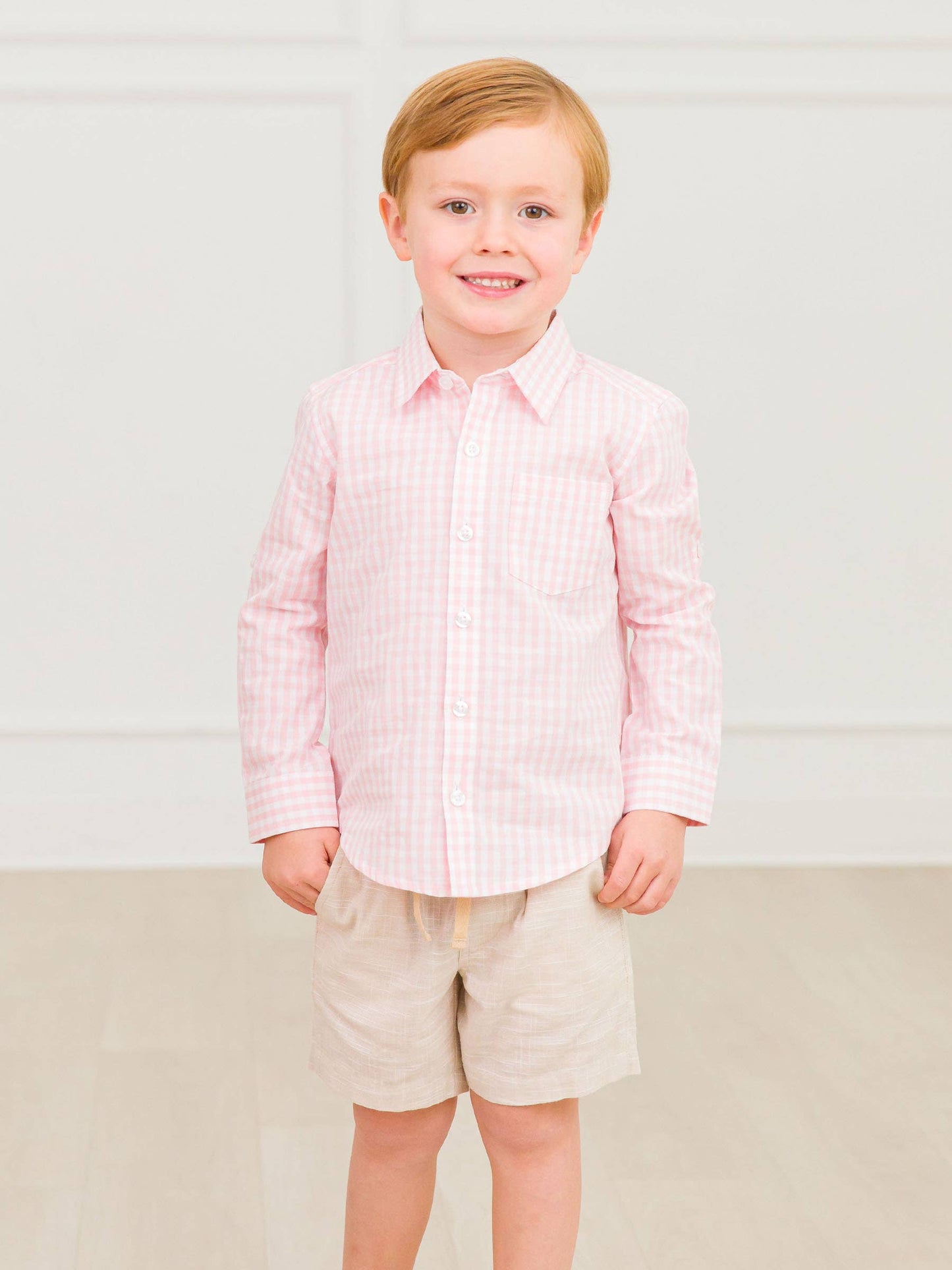 Boys Pink Gingham Check Long Sleeve Button Down Shirt