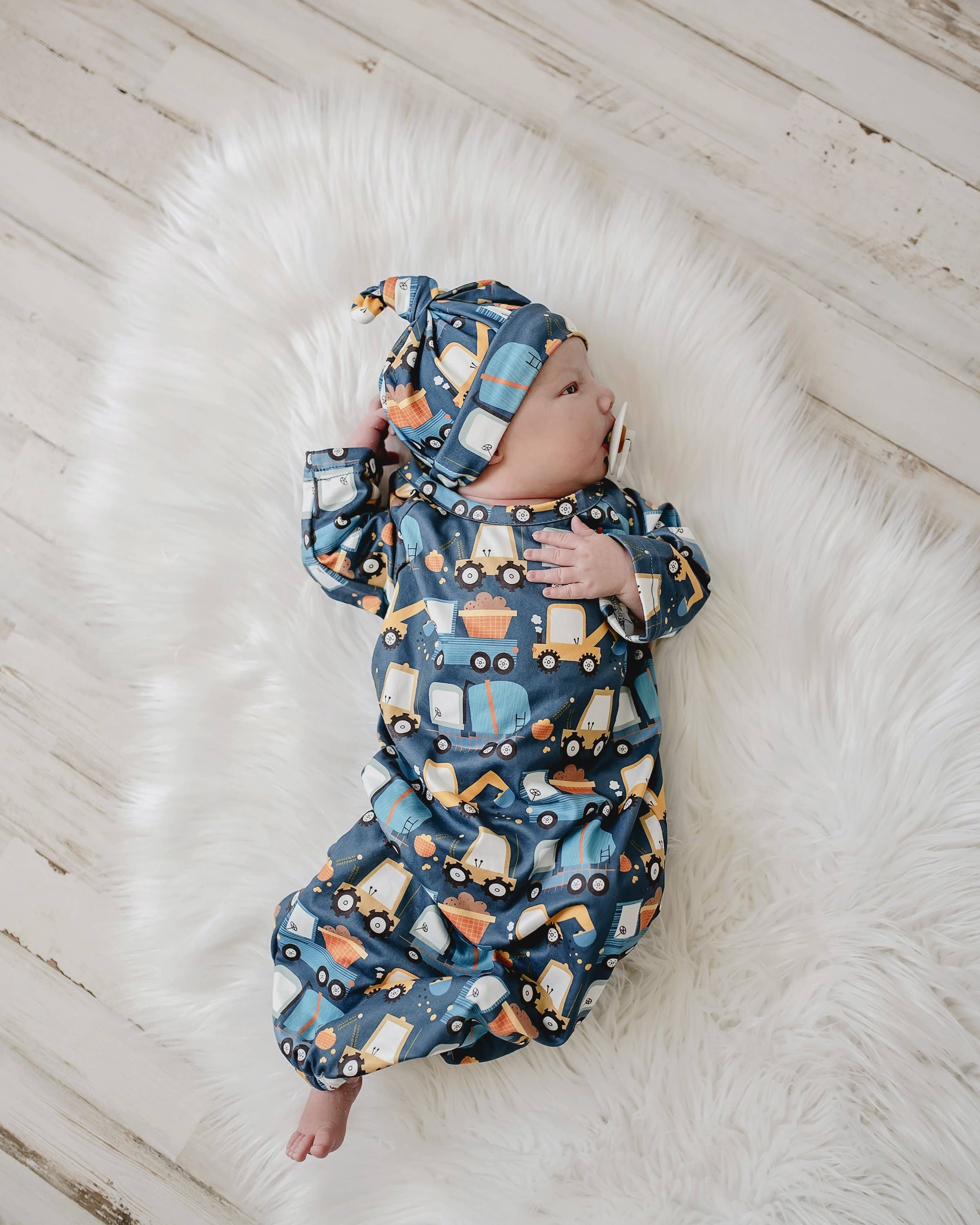 Infant Boys Truck Baby Gown and Hat Set