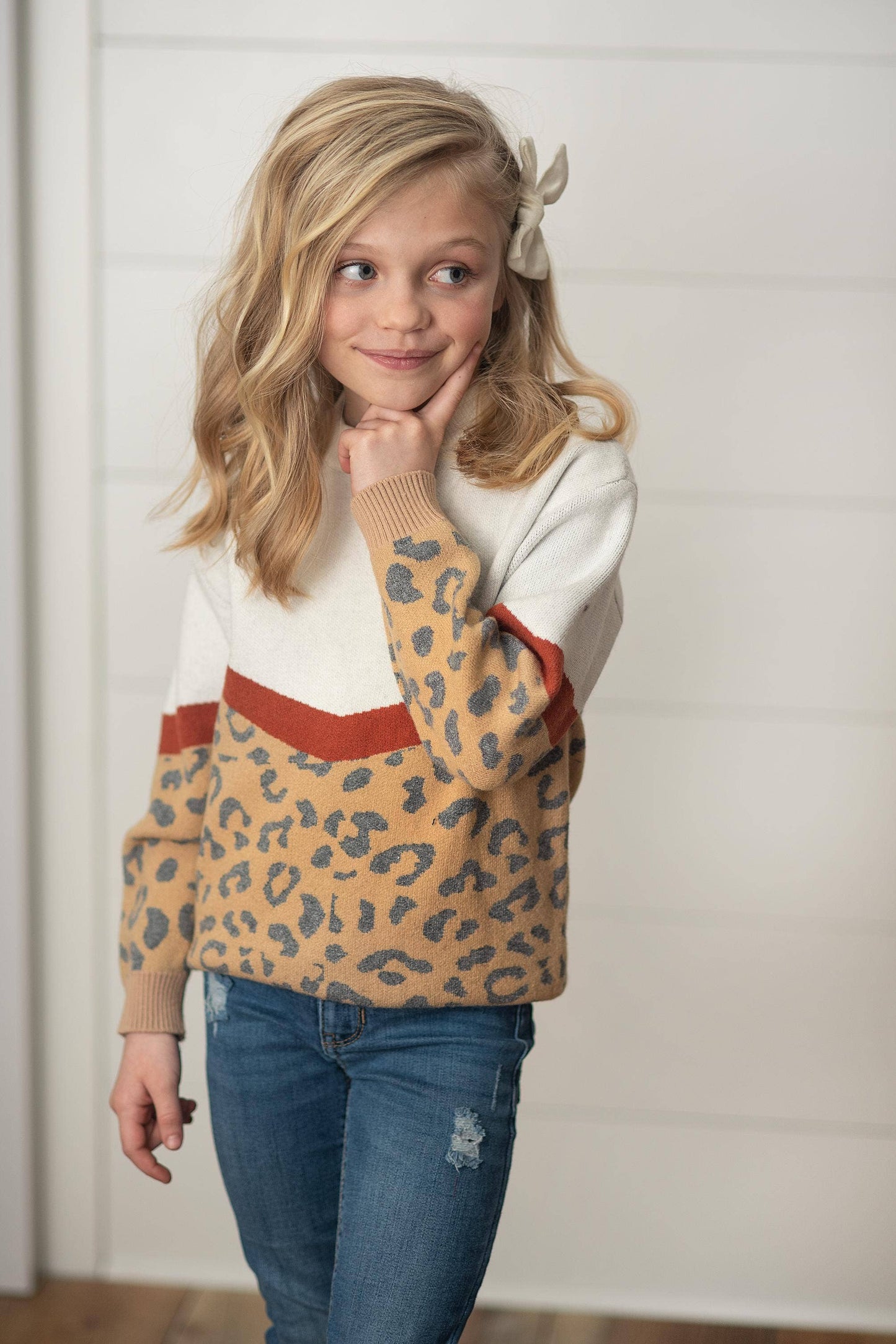 Kids Leopard & Rust V Color Block Fall Crew Neck Sweater