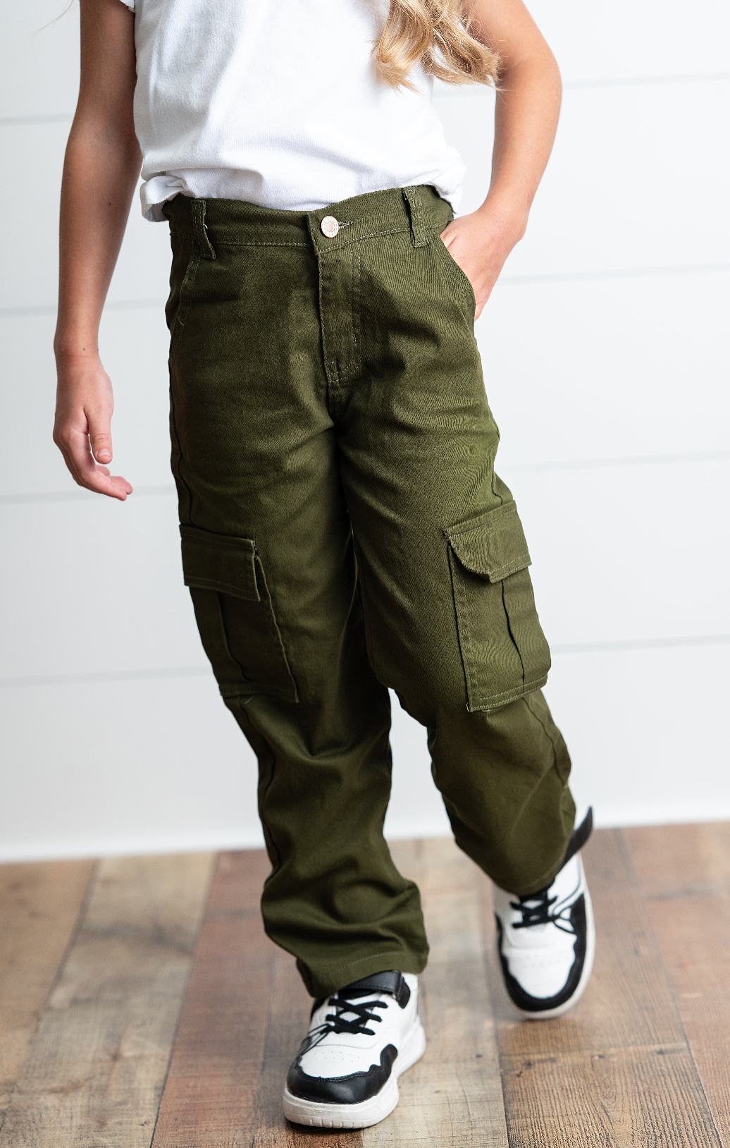 Kids Olive Green Denim Cargo Pants With Pockets