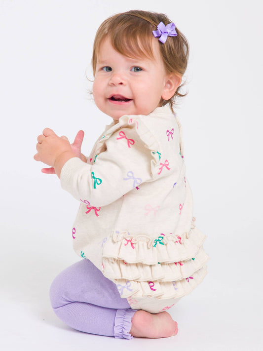 Baby Girls Heather Oatmeal Ribbons Sweatshirt Bubble Romper
