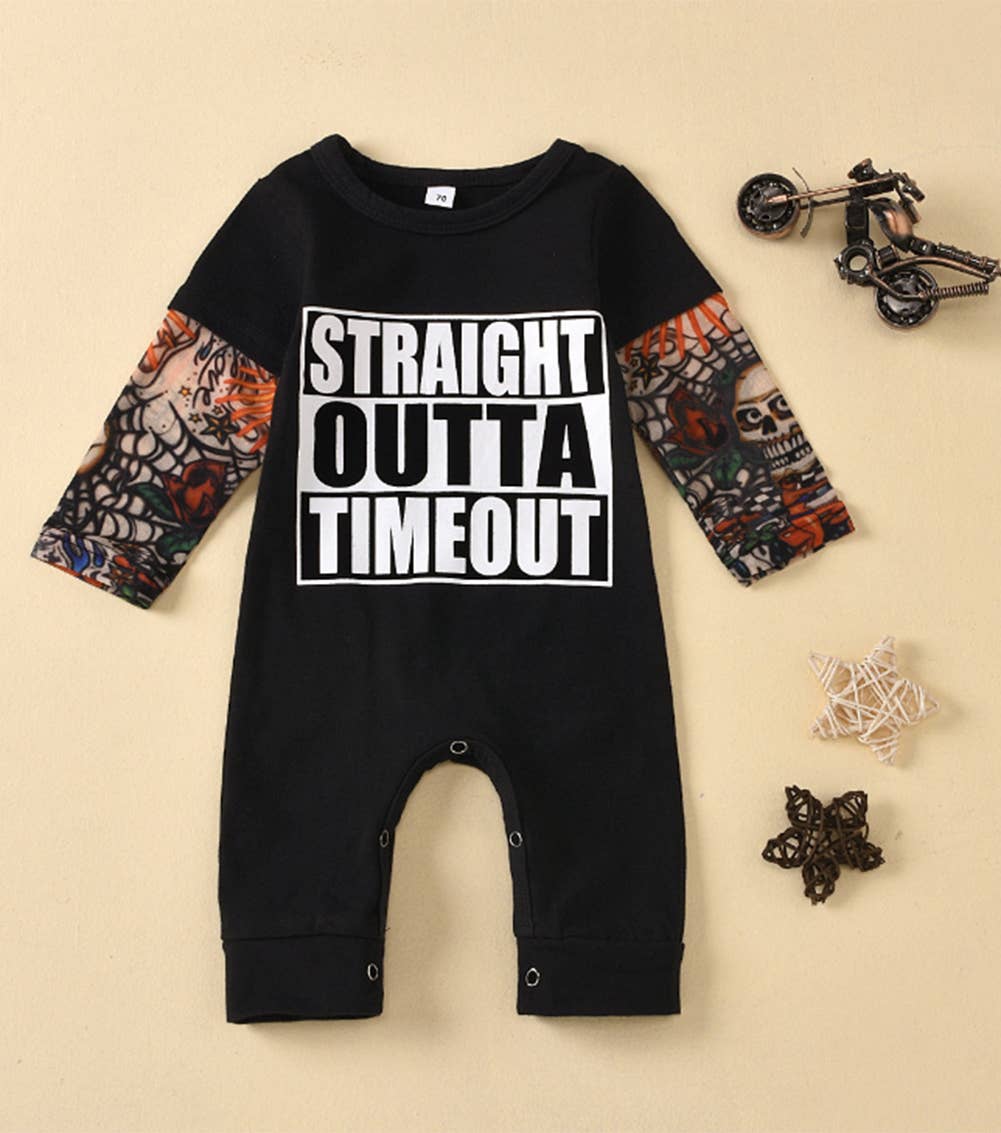 Black Straight Outta Timeout Tattoo Sleeve Baby Romper