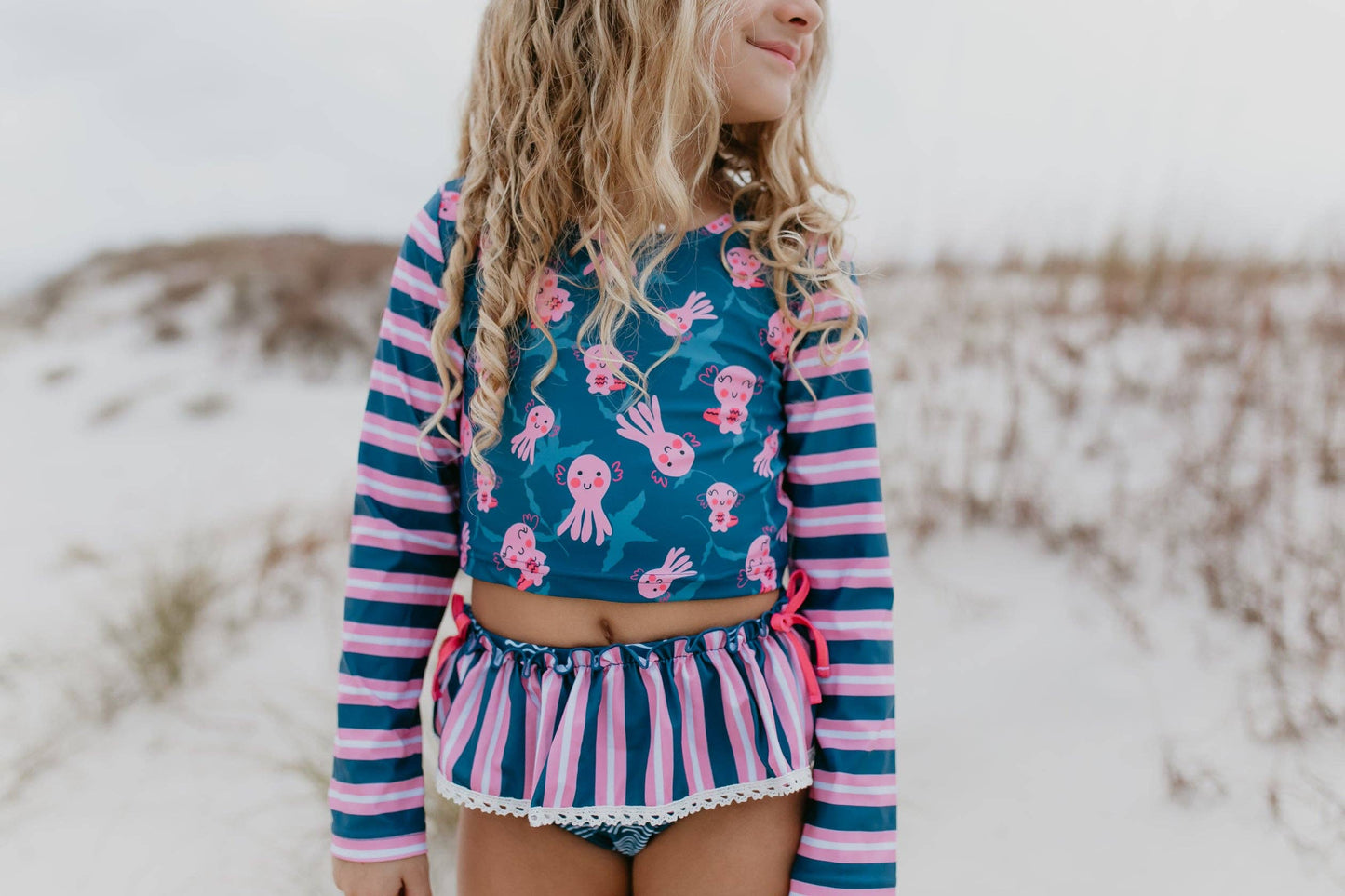 Kids Pink & Blue Axolotl Long Sleeve Rash Guard Swimsuit