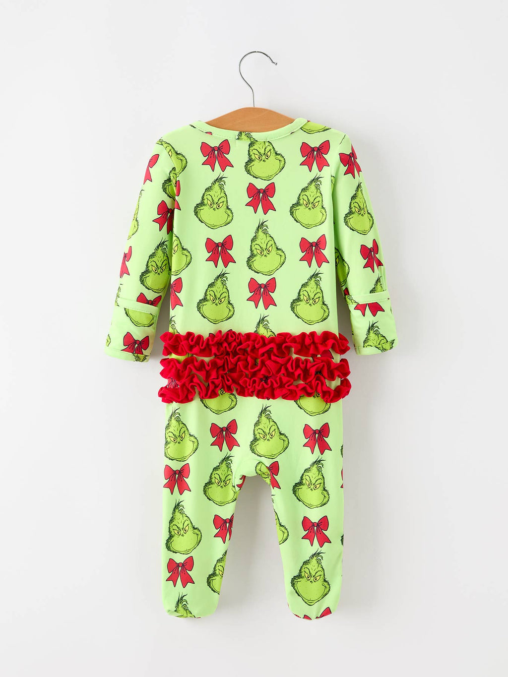 Baby Girls Green Holiday Bow Ruffle Footed Sleeper