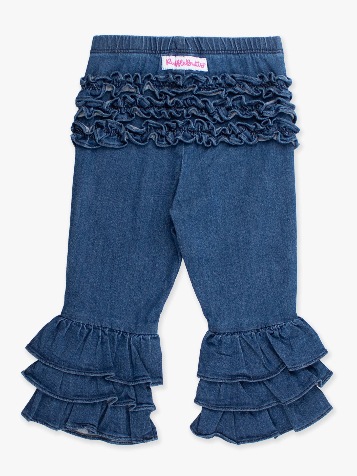 Toddler Girls Medium Wash Denim Ruffle Flare Pants with Signature Rear Ruffles