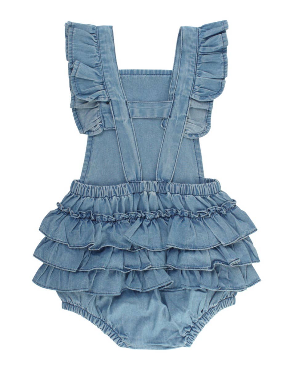 Baby Girls Light Wash Denim Woven Flutter Overall Romper
