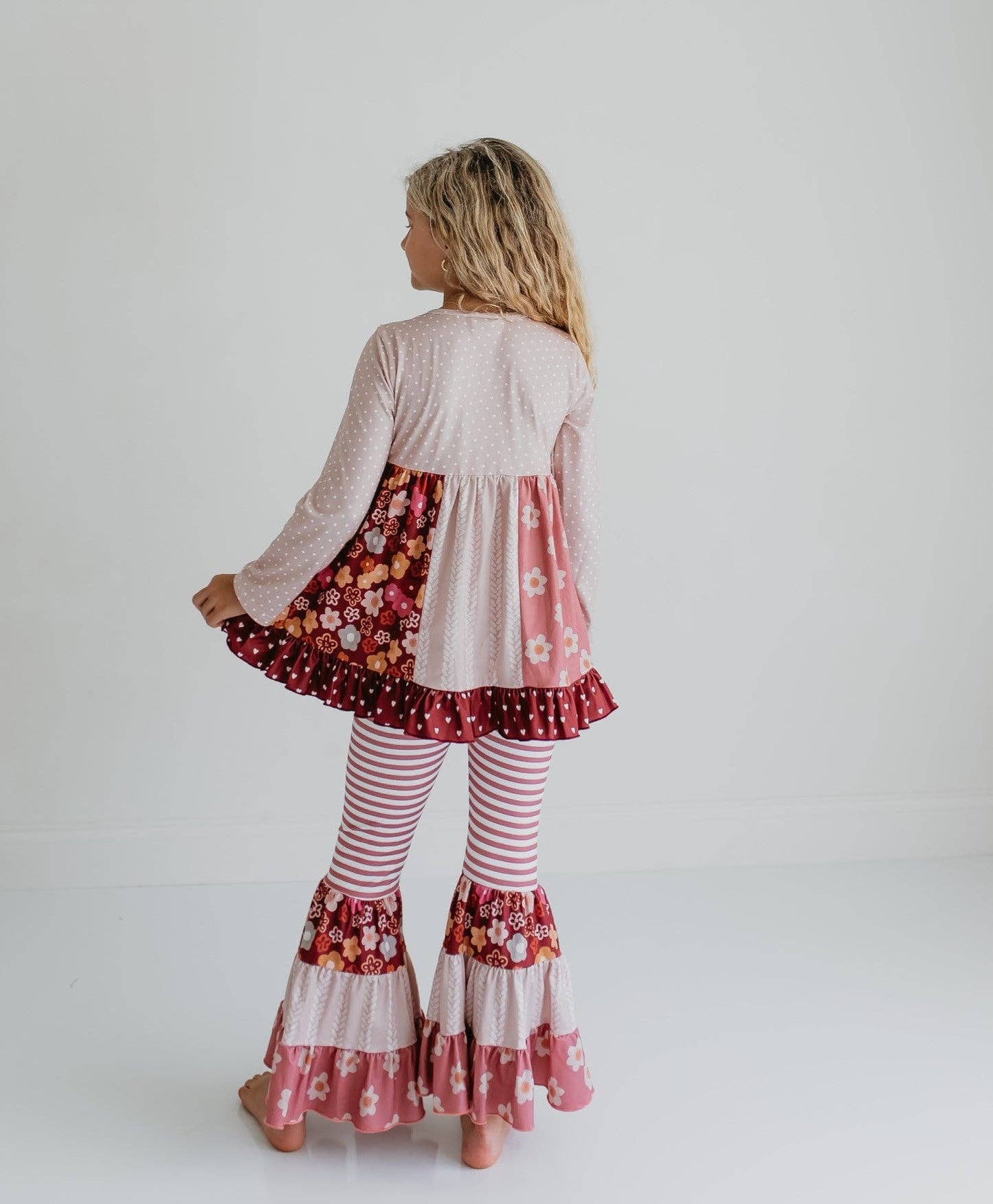 Kids Beige Heart Floral Pocket Bell Bottom Ruffle Pant Set