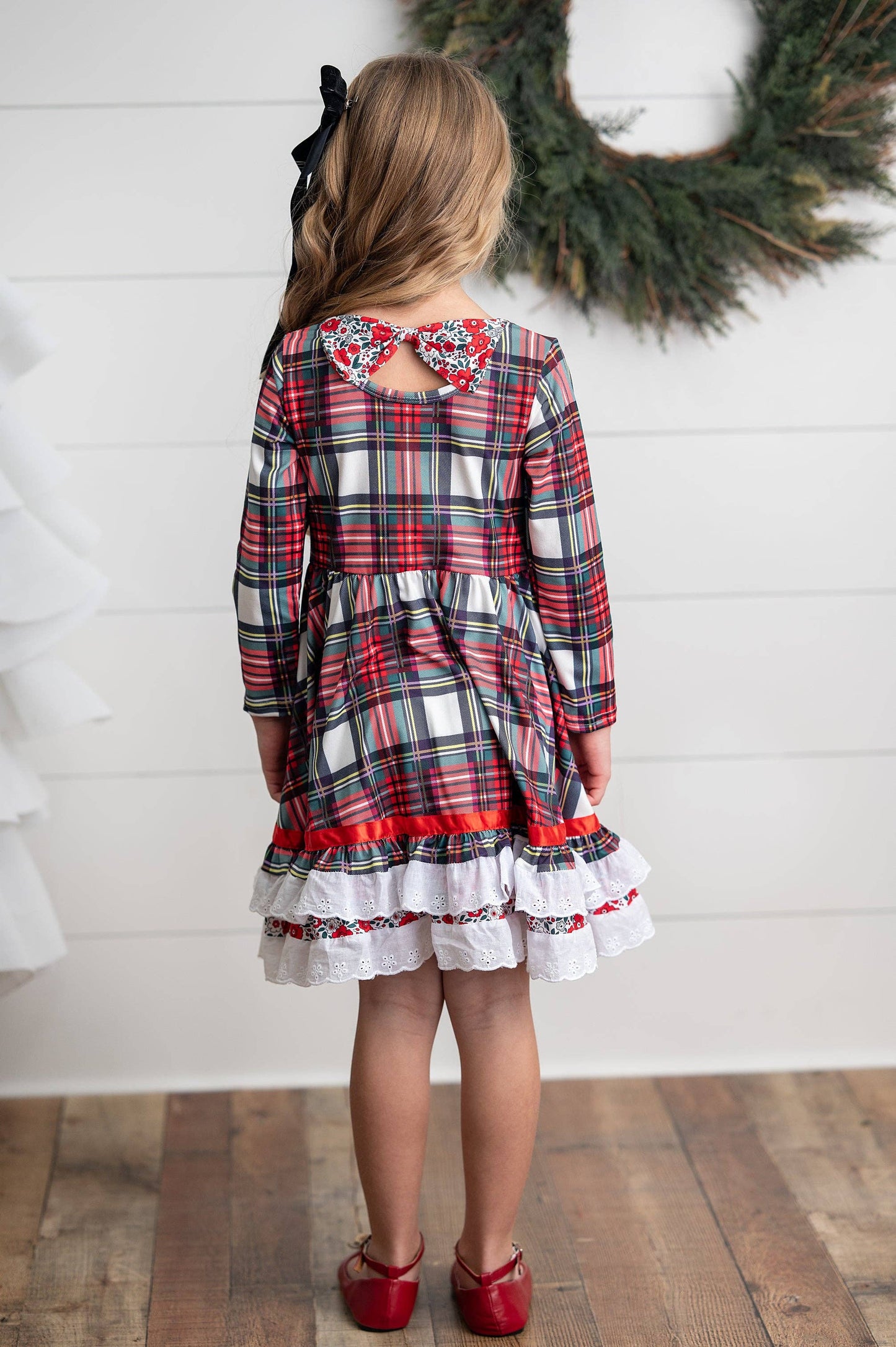 Girls Holiday Christmas Plaid Lace Ruffle Bow Back Dress
