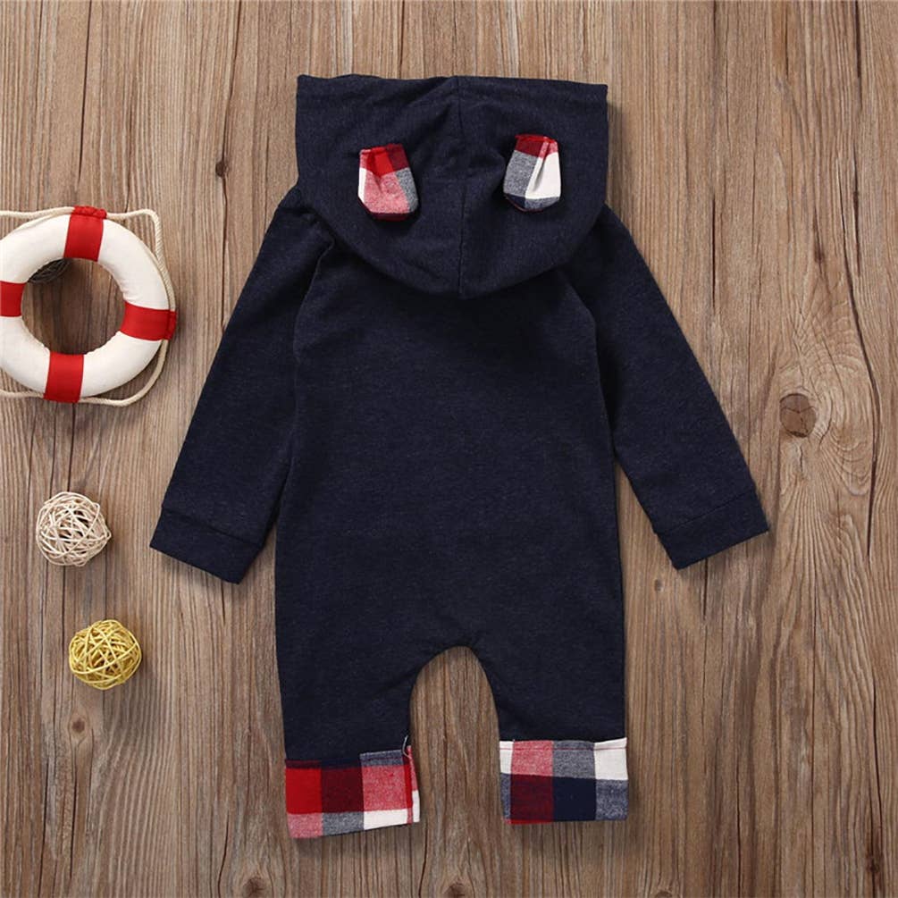 Navy Plaid Front Pocket Baby Hooded Romper