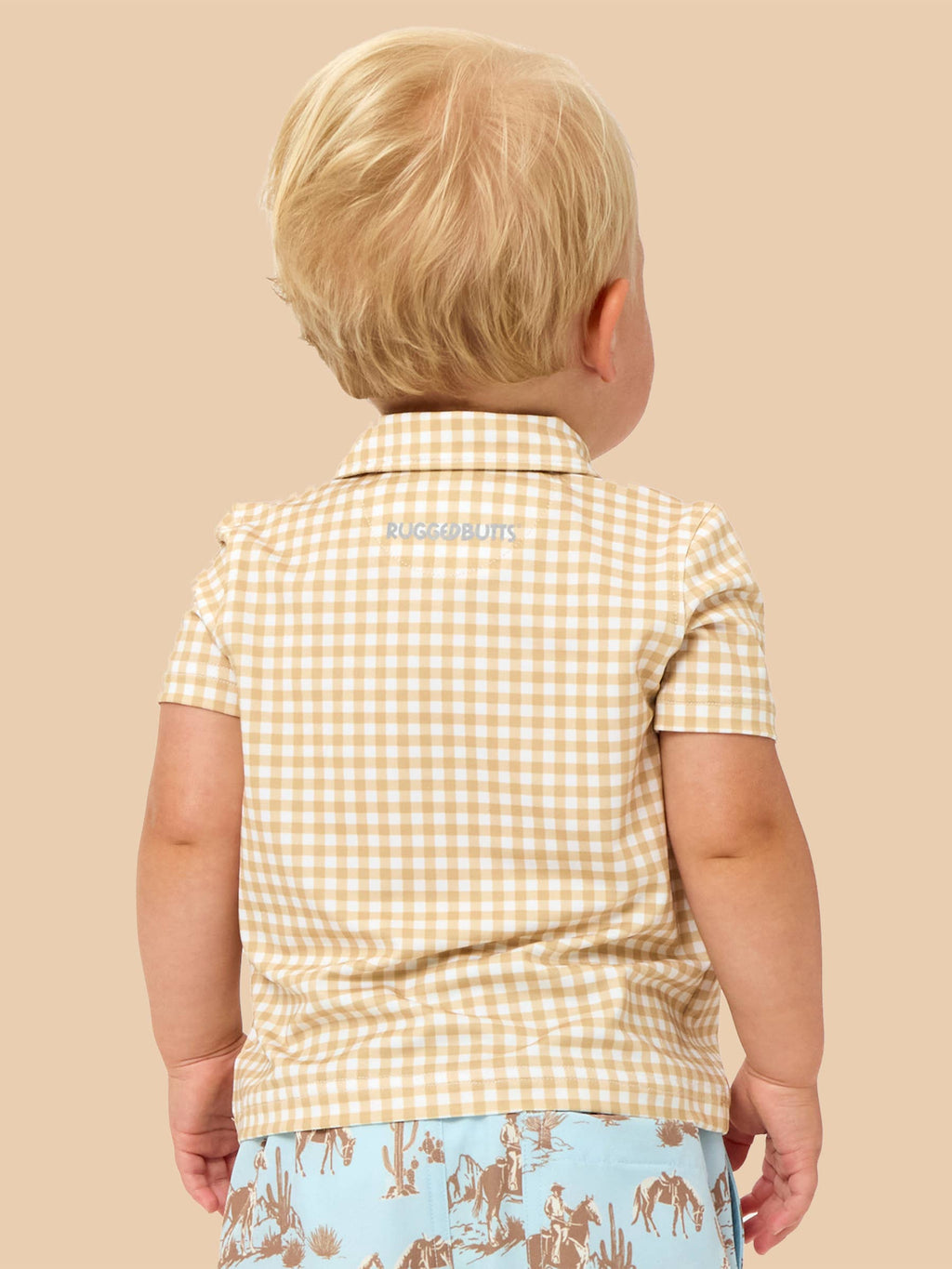 Boys Khaki Mini Gingham Knit Short Sleeve Performance Polo
