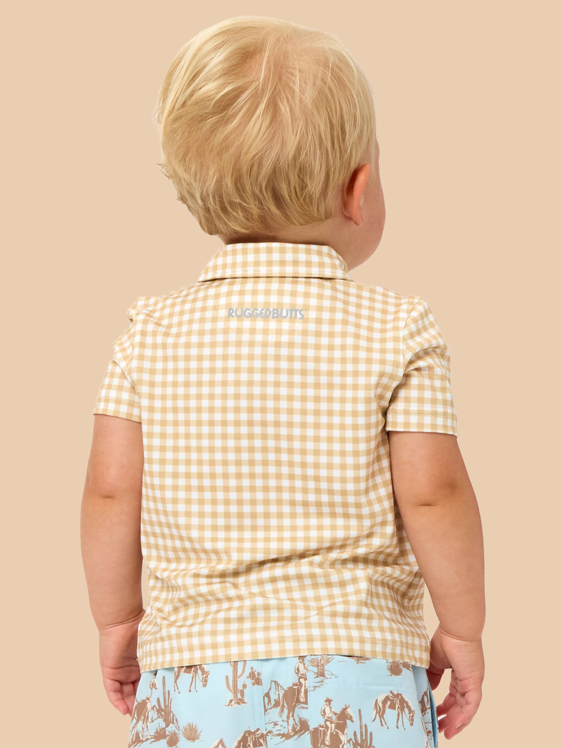 Boys Khaki Mini Gingham Knit Short Sleeve Performance Polo