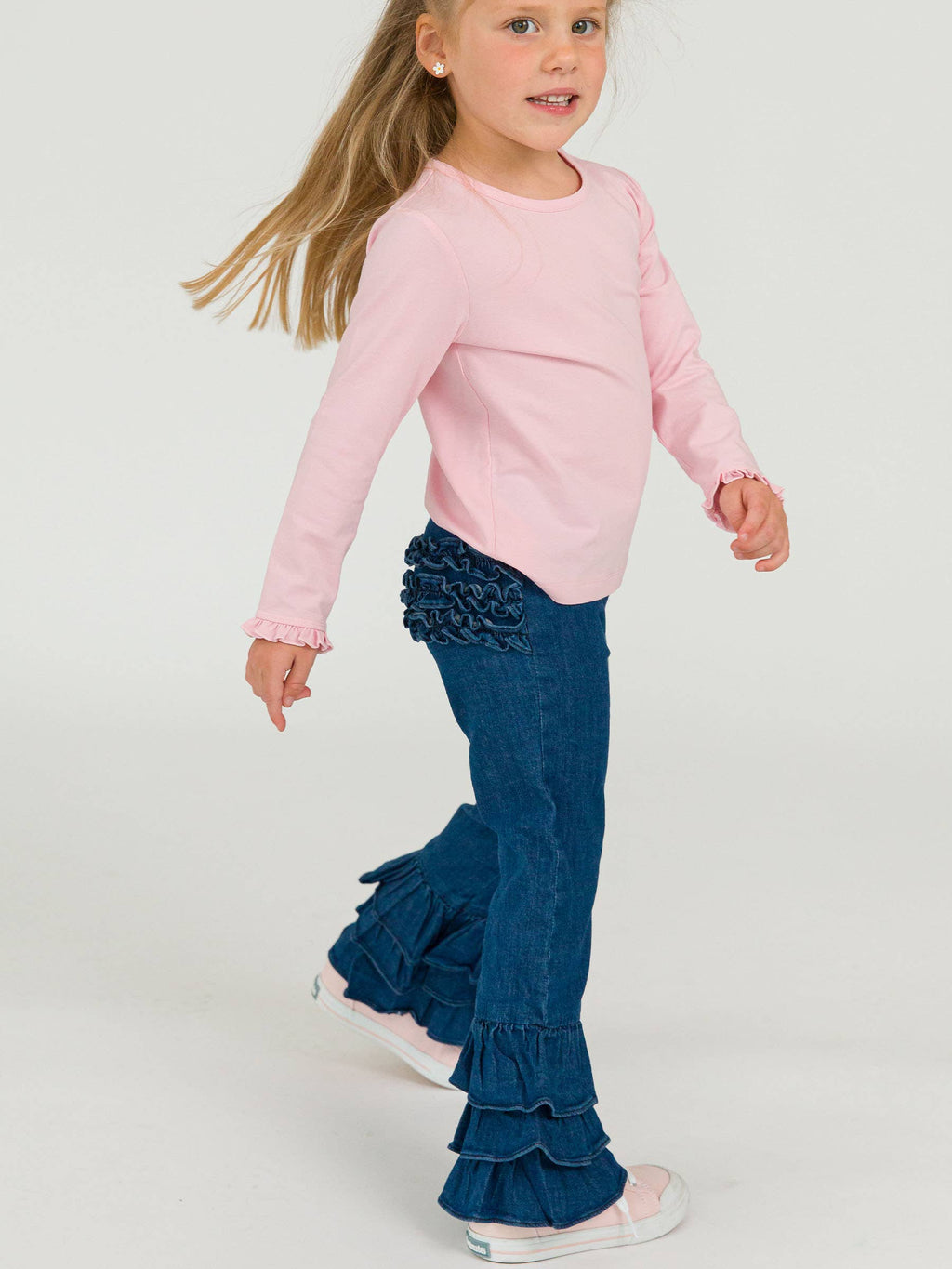 Toddler Girls Medium Wash Denim Ruffle Flare Pants with Signature Rear Ruffles