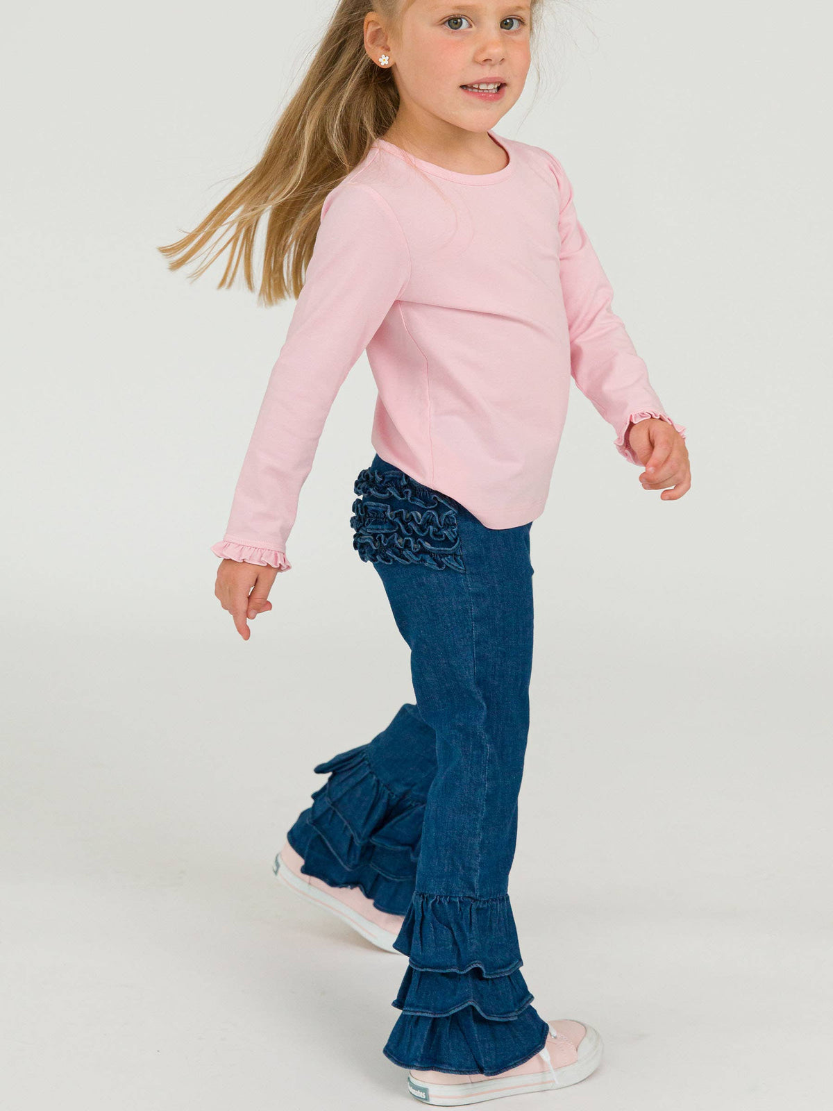 Toddler Girls Medium Wash Denim Ruffle Flare Pants with Signature Rear Ruffles