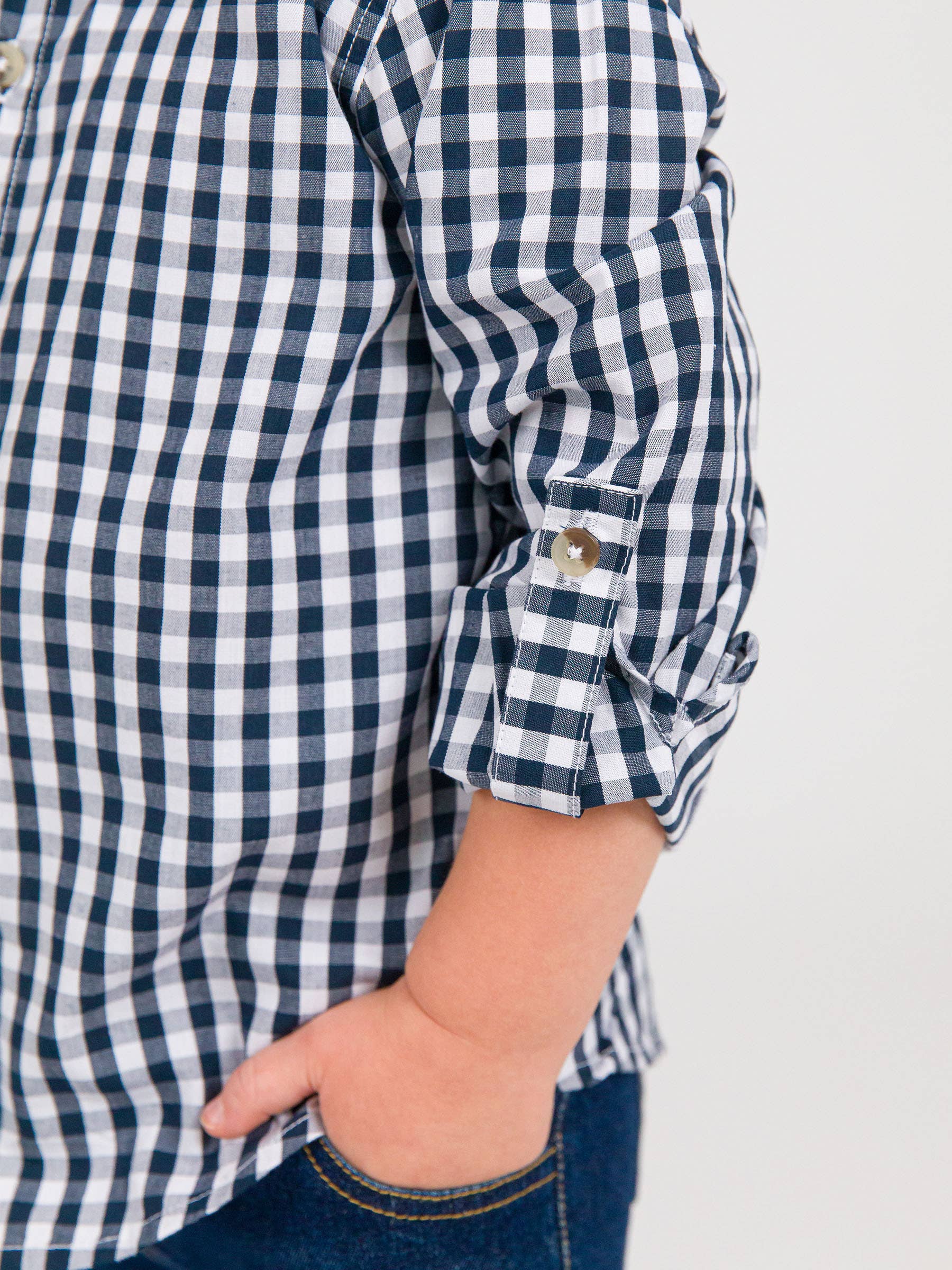Boys Classic Dark Navy Gingham Long Sleeve Button Down Shirt