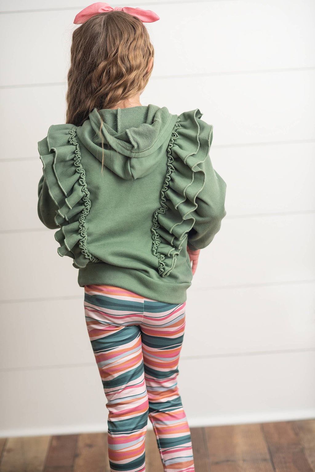 Kids Sage Double Ruffle Button Hoodie & Stripe Leggings Set