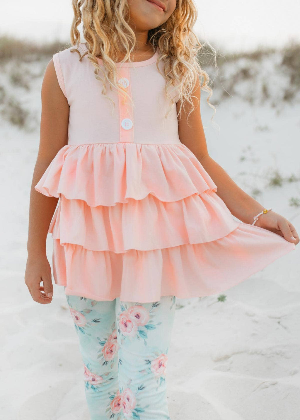 Kids Peach Teal Floral Tiered Ruffle Button Spring Set