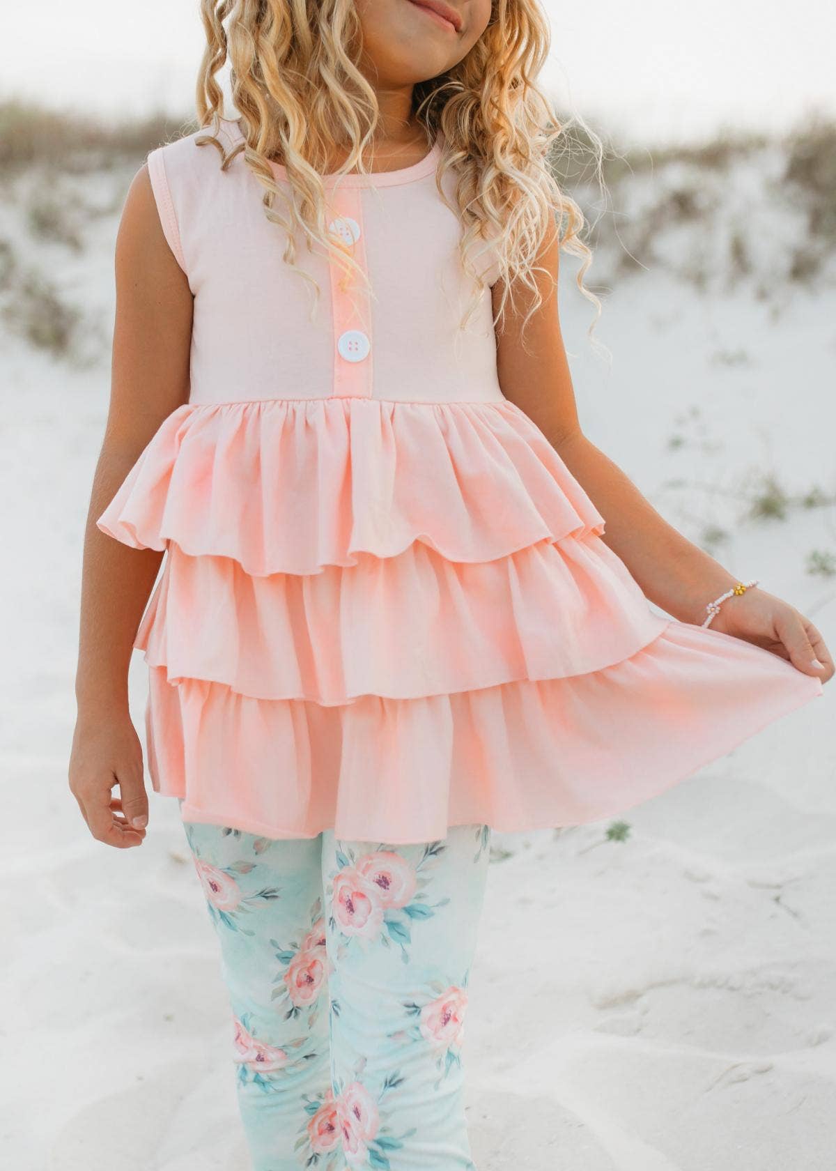 Kids Peach Teal Floral Tiered Ruffle Button Spring Set