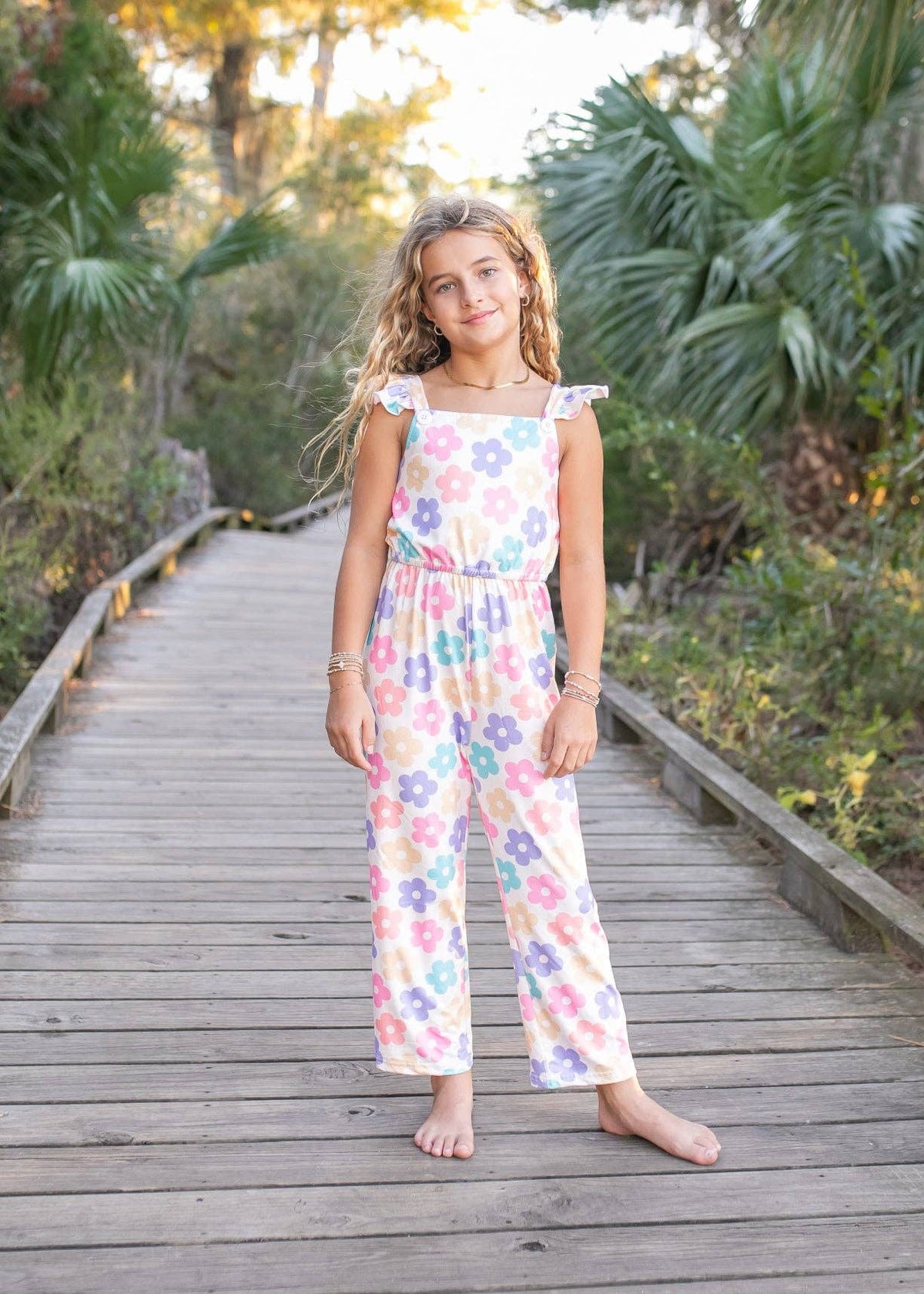 Girls Pink Purple Ruffle Spring Summer Flower Jumpsuit