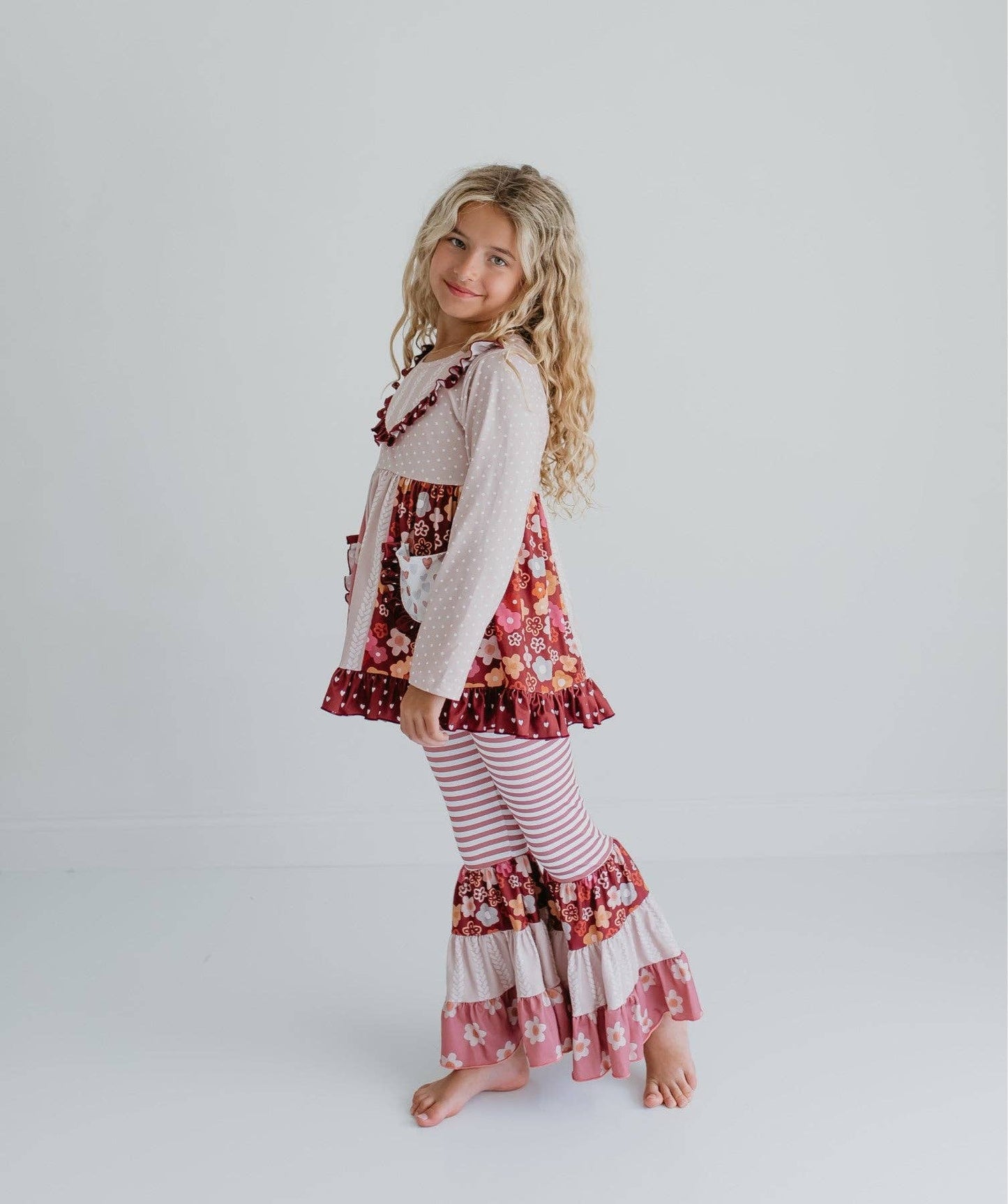 Kids Beige Heart Floral Pocket Bell Bottom Ruffle Pant Set