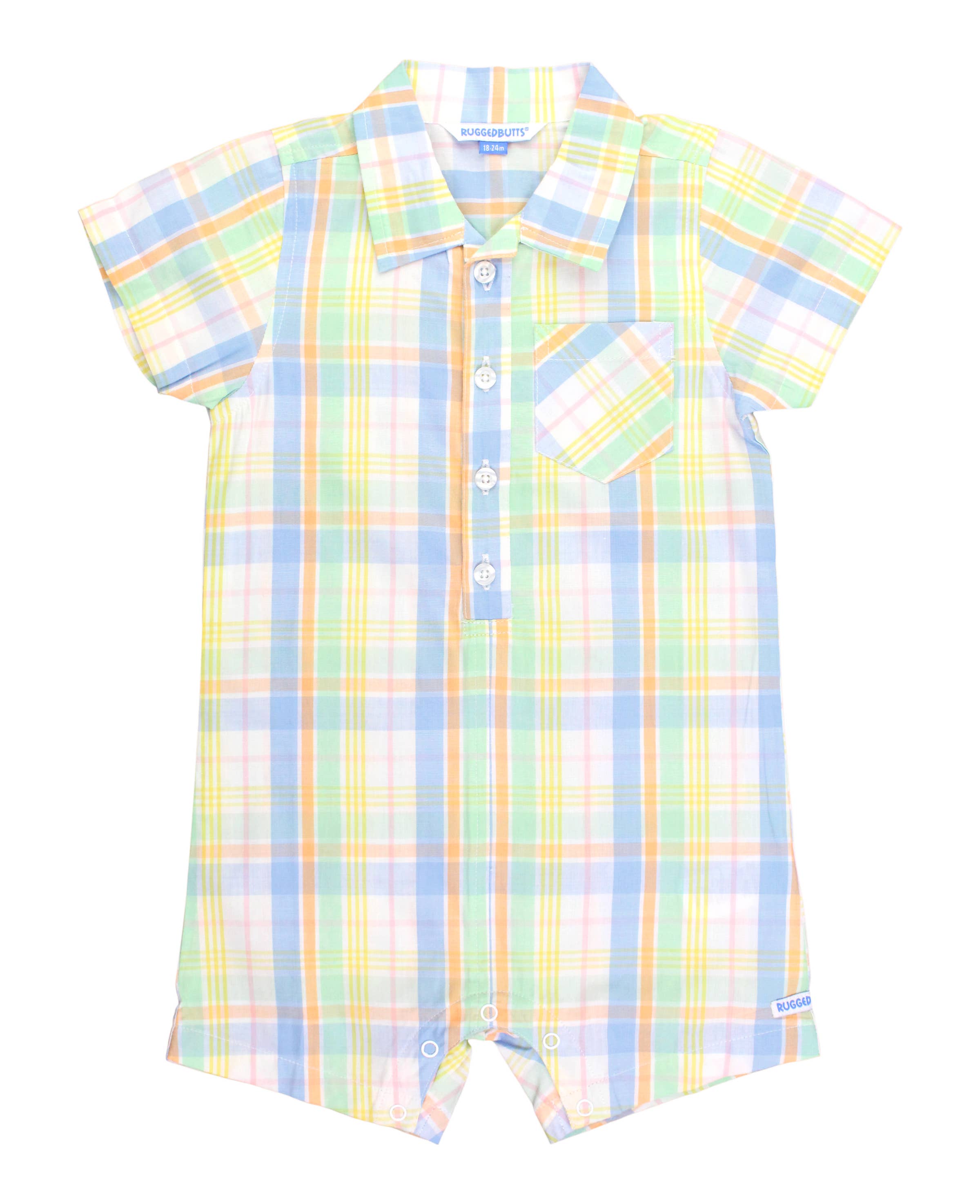 Baby Boys Clubhouse Rainbow Plaid Short Sleeve Woven Button-Up Romper