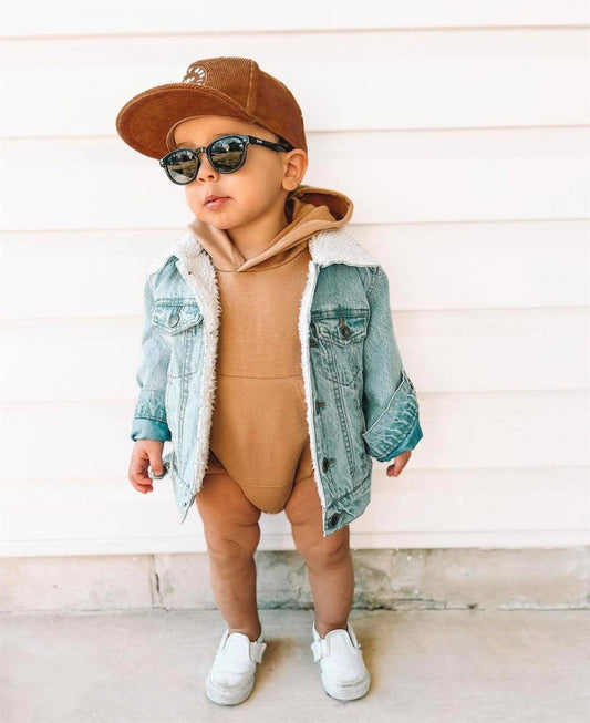 CLEARANCE Boys Bubble Romper Hooded Pocket - Solid Caramel