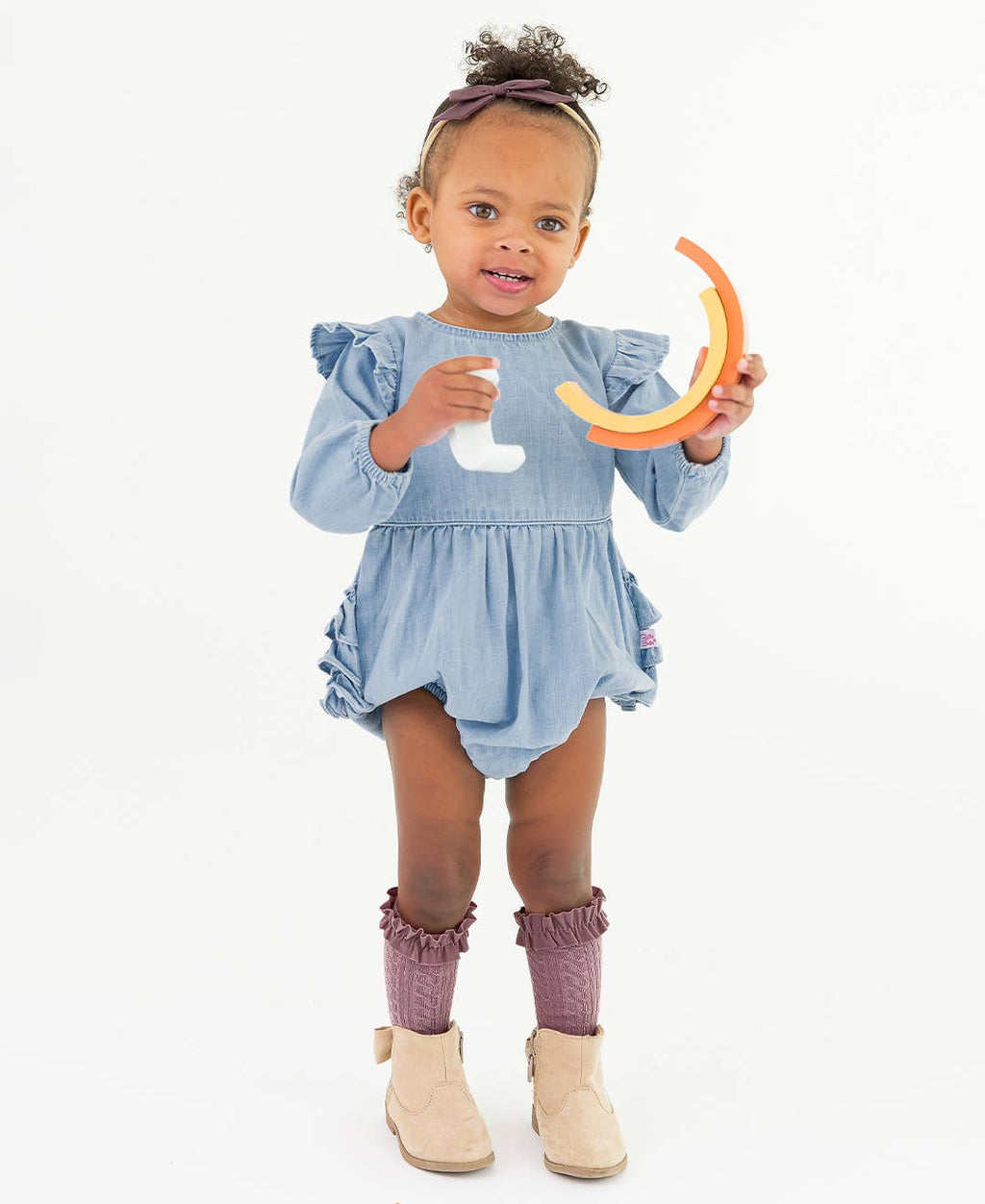 Baby Girls Light Wash Long Sleeve Flutter Bubble Romper