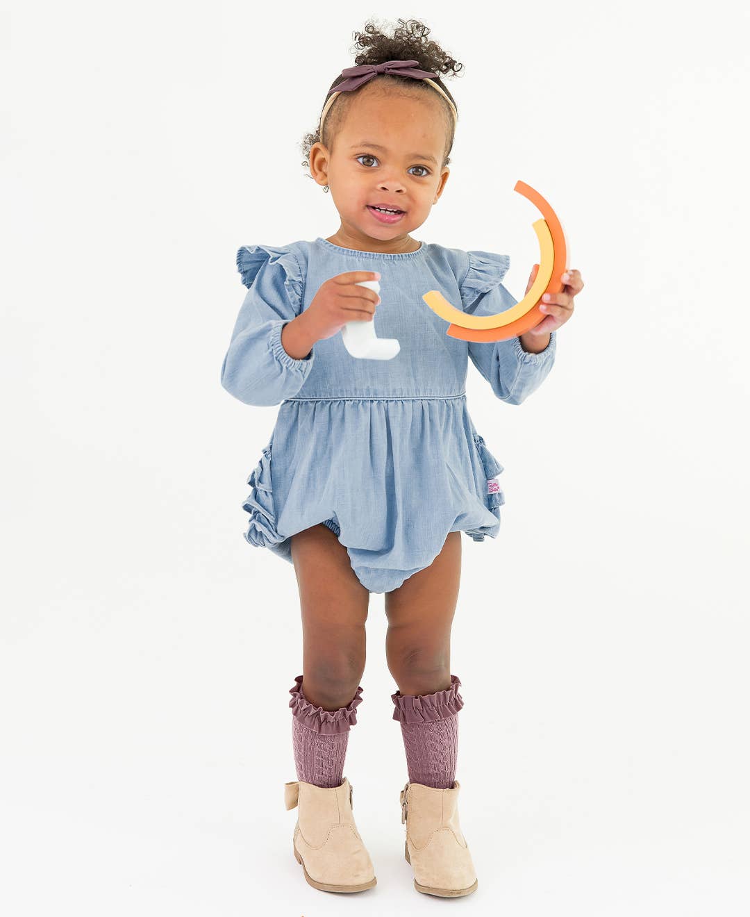 Baby Girls Light Wash Long Sleeve Flutter Bubble Romper