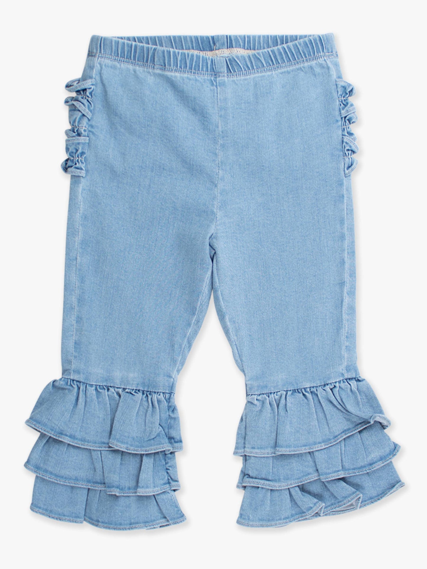 Toddler Girls Light Wash Denim Ruffle Flare Pants with Signature Rear Ruffles